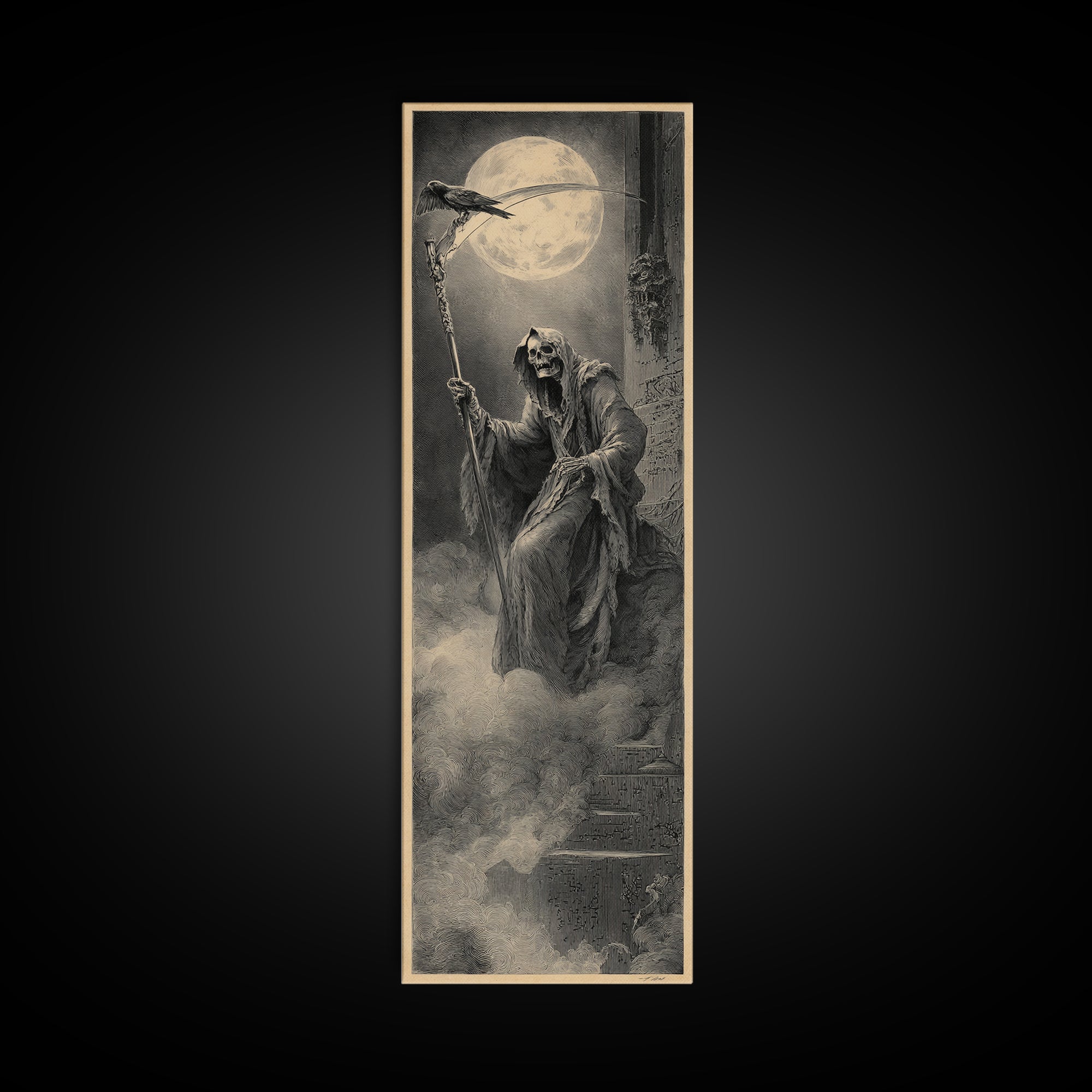 The Fog-Bound Reaper, Gothic Engraving Art, Tall Narrow Wall Art, Dark Halloween Decor, Framed Canvas Print, Halloween Wall Art