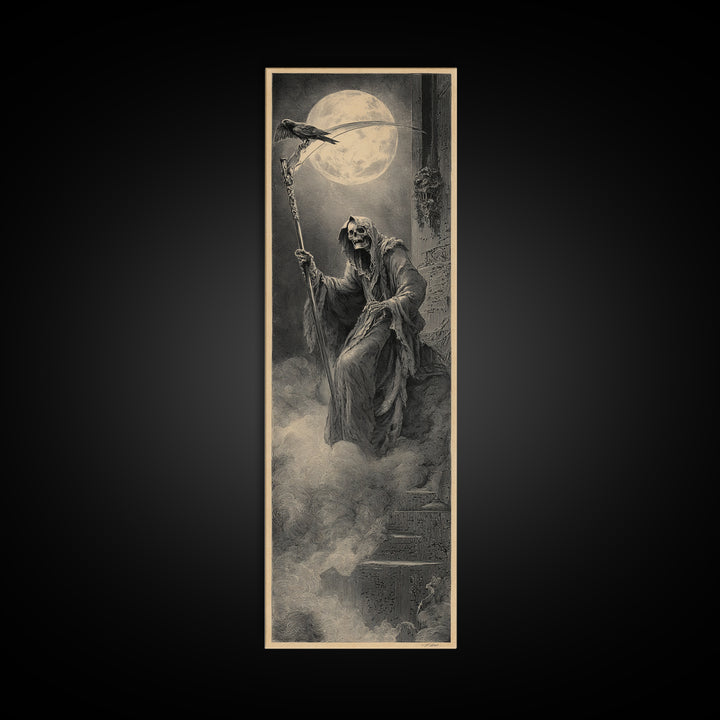 The Fog-Bound Reaper, Gothic Engraving Art, Tall Narrow Wall Art, Dark Halloween Decor, Framed Canvas Print, Halloween Wall Art