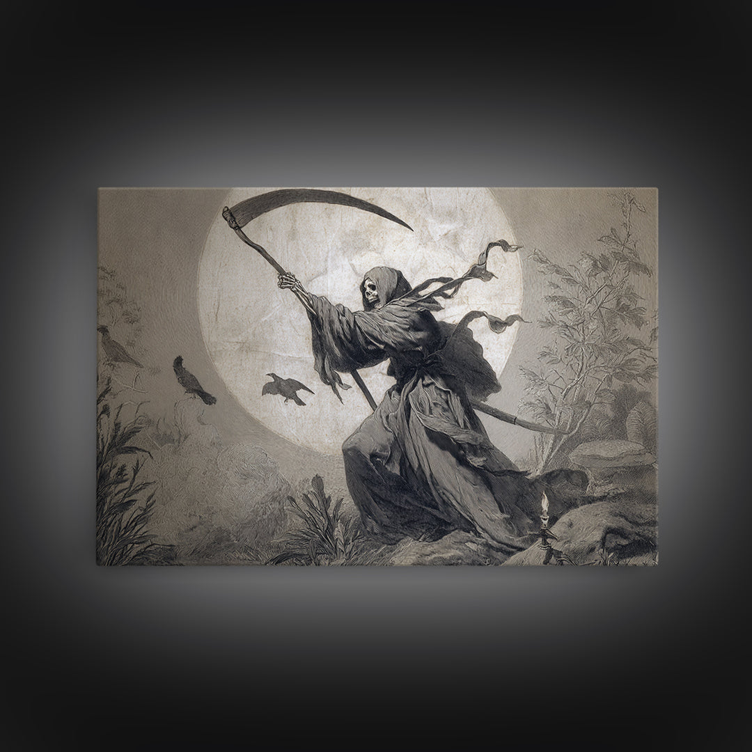 The Fog-Bound Reaper, Medieval Grotesque Art, Landscape Wall Art, Macabre Wall Art, Framed Canvas Print, Halloween Wall Art