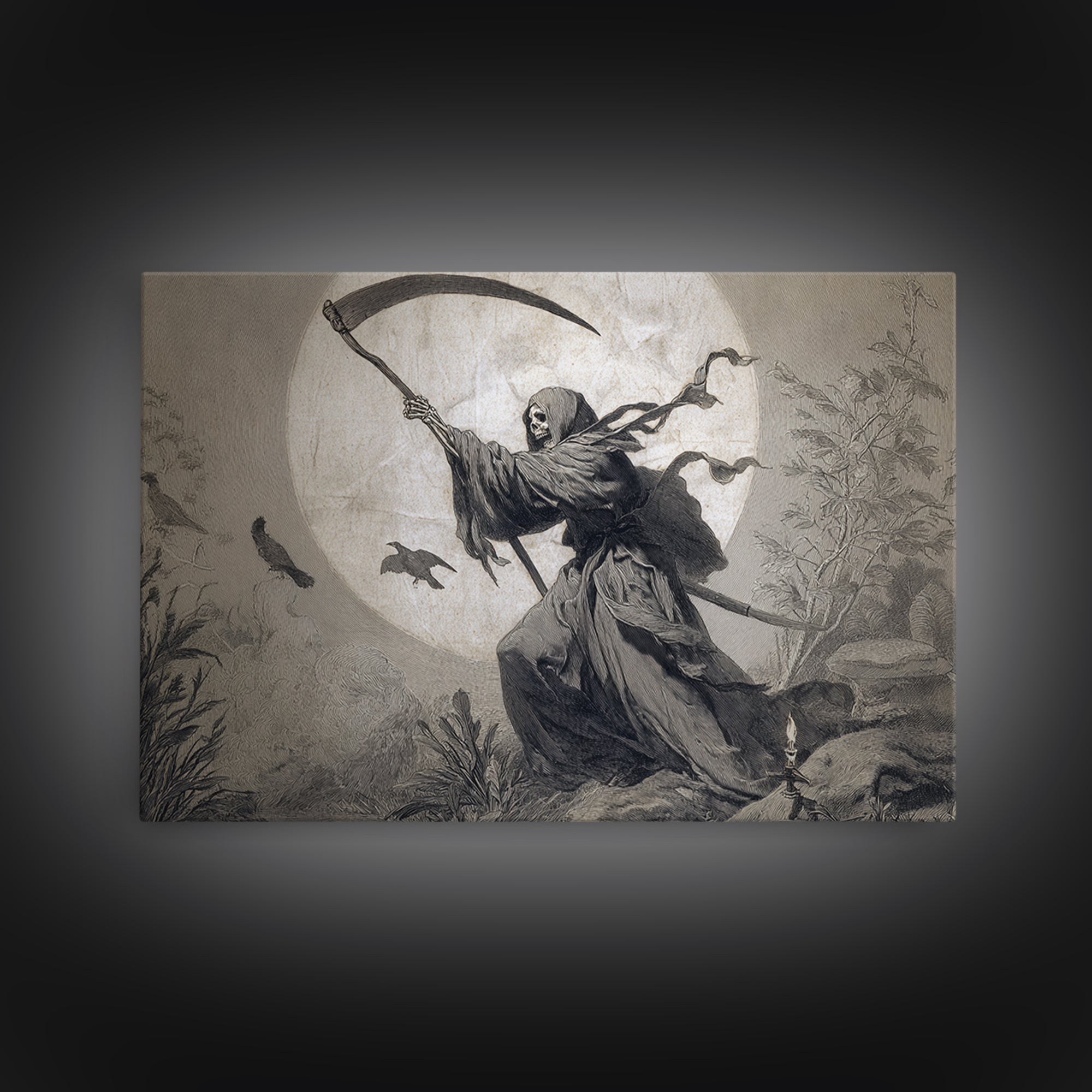 The Fog-Bound Reaper, Medieval Grotesque Art, Landscape Wall Art, Macabre Wall Art, Framed Canvas Print, Halloween Wall Art