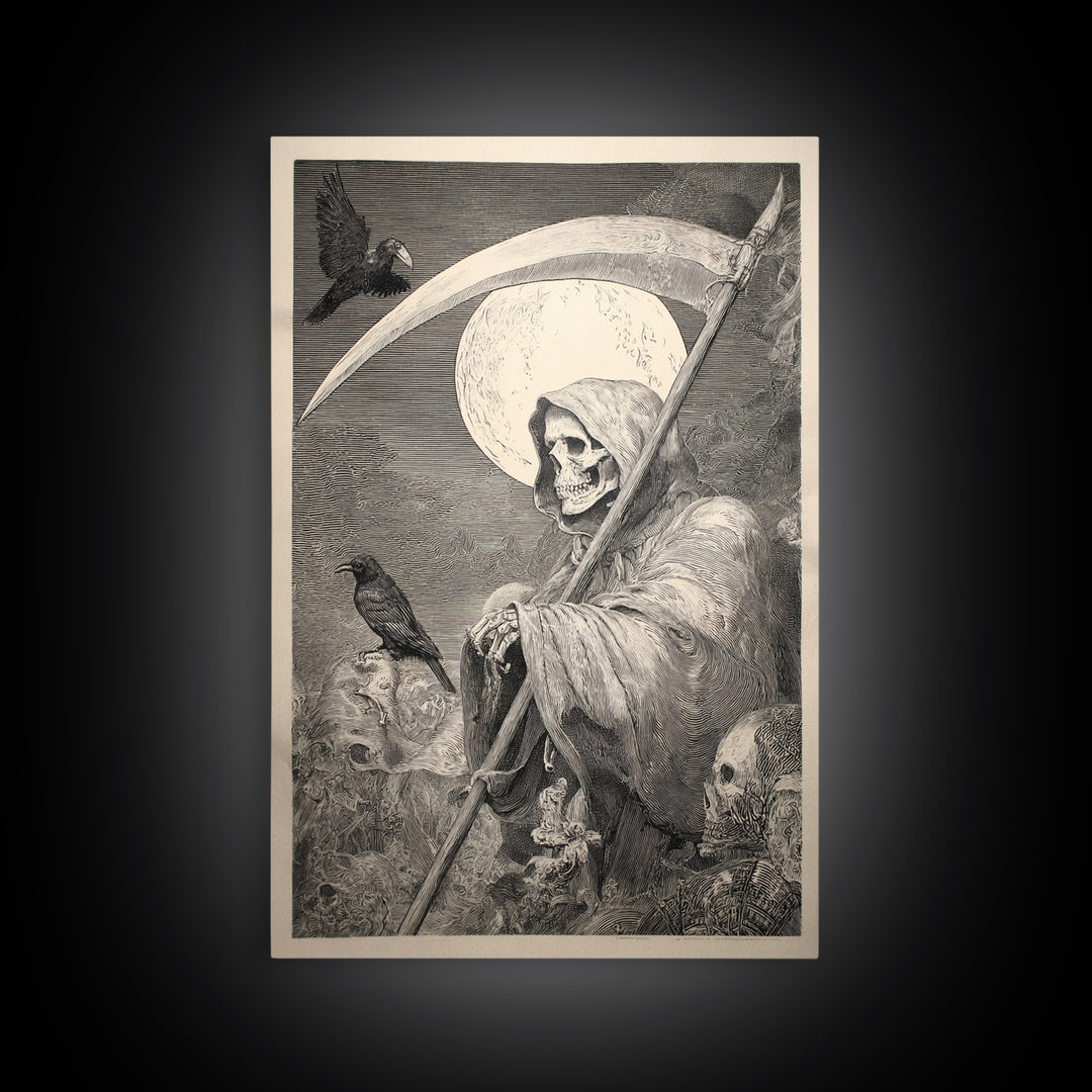 The Fog-Bound Reaper, Renaissance Engraving Art, Vertical Wall Art, Gothic Horror Wall Art, Canvas Print, Halloween Wall Art