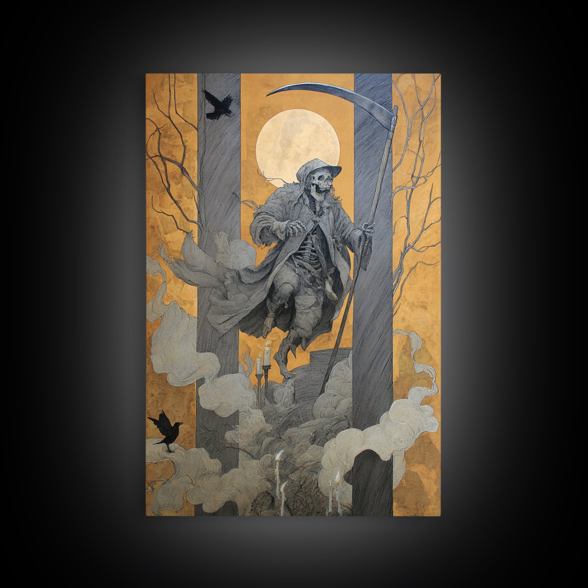 The Fog-Bound Reaper, Danse Macabre Art, Vertical Wall Art, Gothic Horror Wall Art, Framed Canvas Print