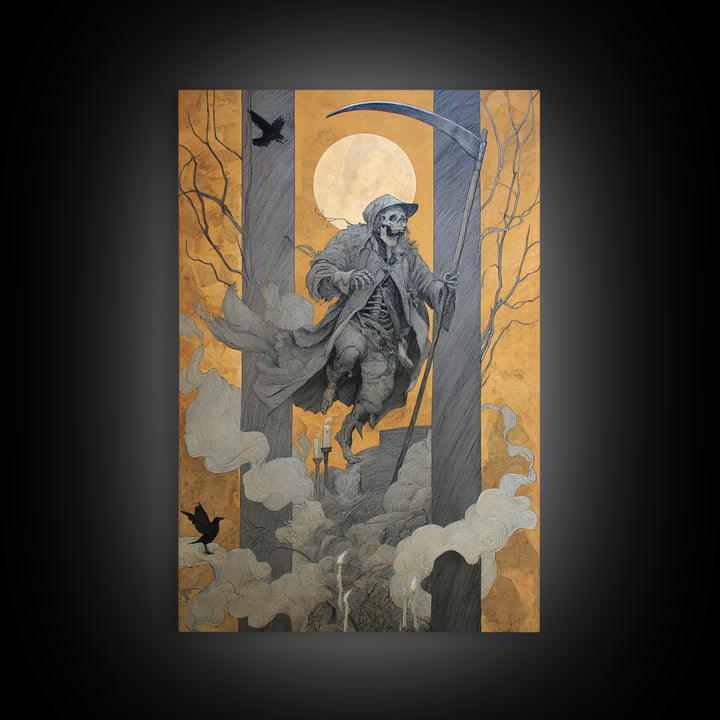 The Fog-Bound Reaper, Danse Macabre Art, Vertical Wall Art, Gothic Horror Wall Art, Framed Canvas Print