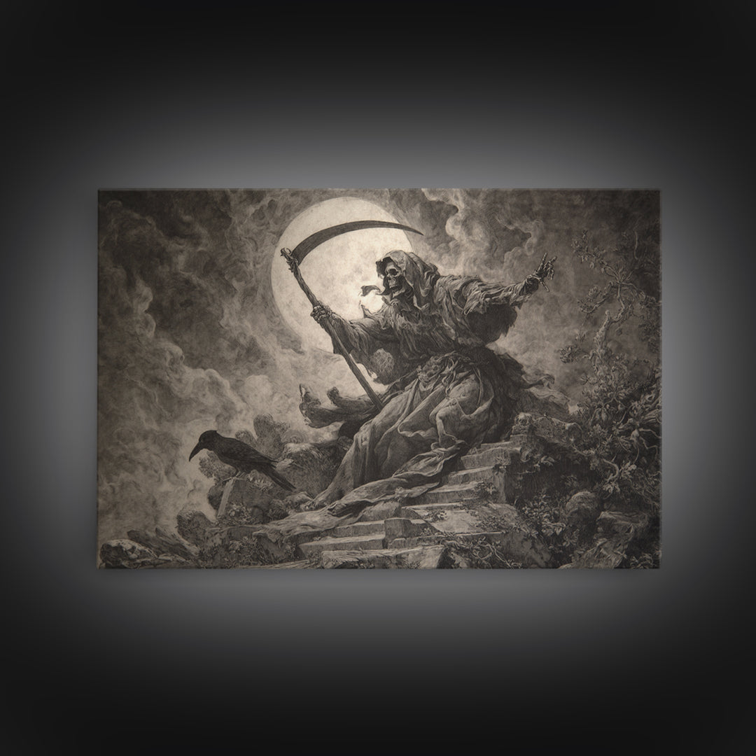 The Fog-Bound Reaper, Baroque Witchcraft Art, Landscape Wall Art, Dark Fantasy Wall Art, Framed Canvas Print, Halloween Wall Art