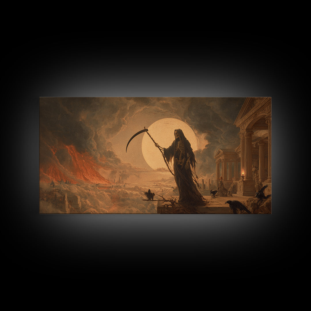 The Fog-Bound Reaper, Apocalyptic Romantic Art, Wide Panoramic Art, Macabre Wall Art, Canvas Print, Halloween Wall Art, Halloween Decor