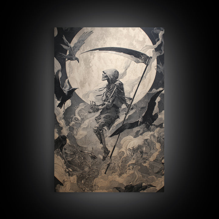 The Fog-Bound Reaper, Ornate Symbolist Art, Vertical Wall Art, Gothic Horror Wall Art, Canvas Print, Halloween Wall Art