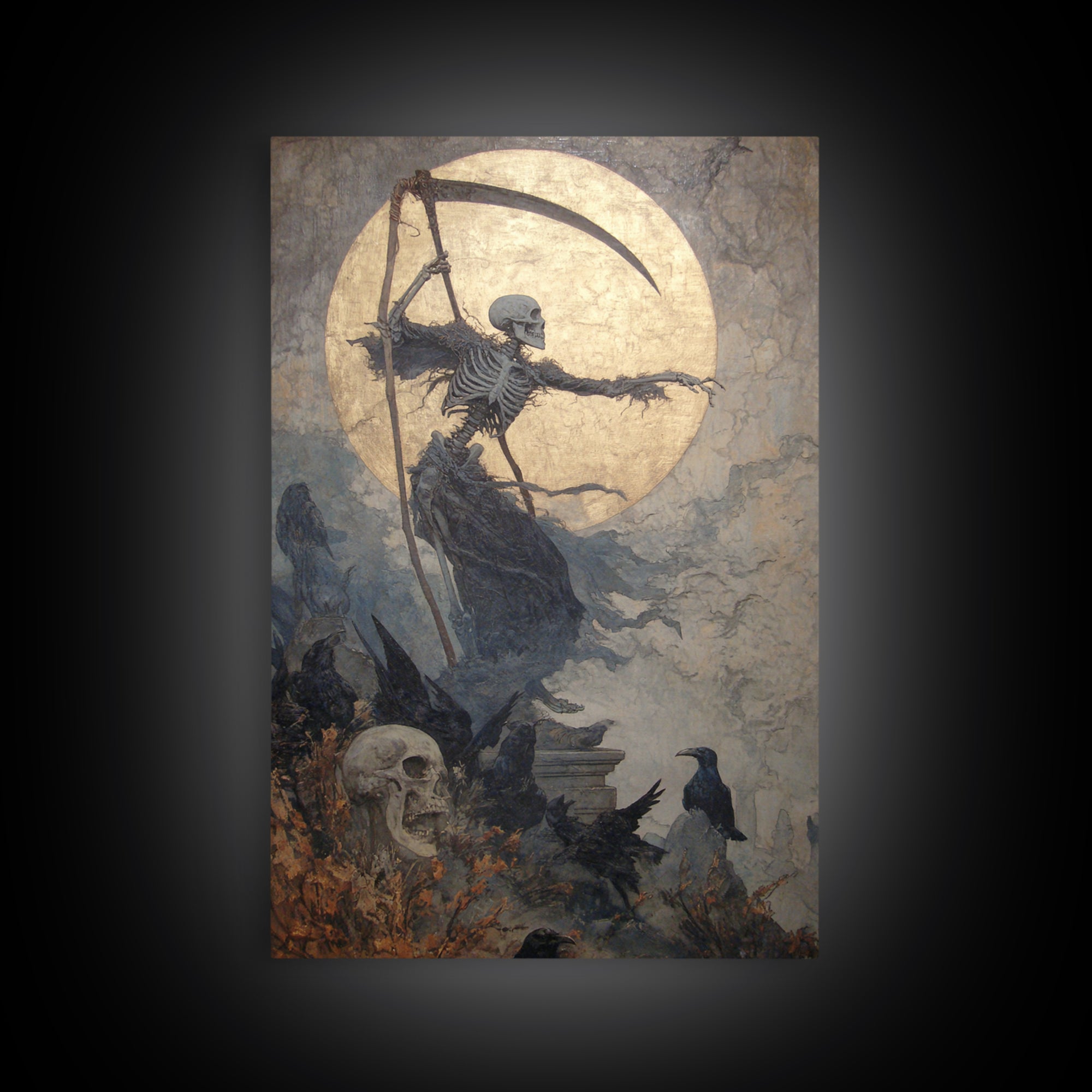 The Fog-Bound Reaper, Dark Symbolist Art, Vertical Wall Art, Dark Fantasy Wall Art, Framed Canvas Print, Halloween Wall Art