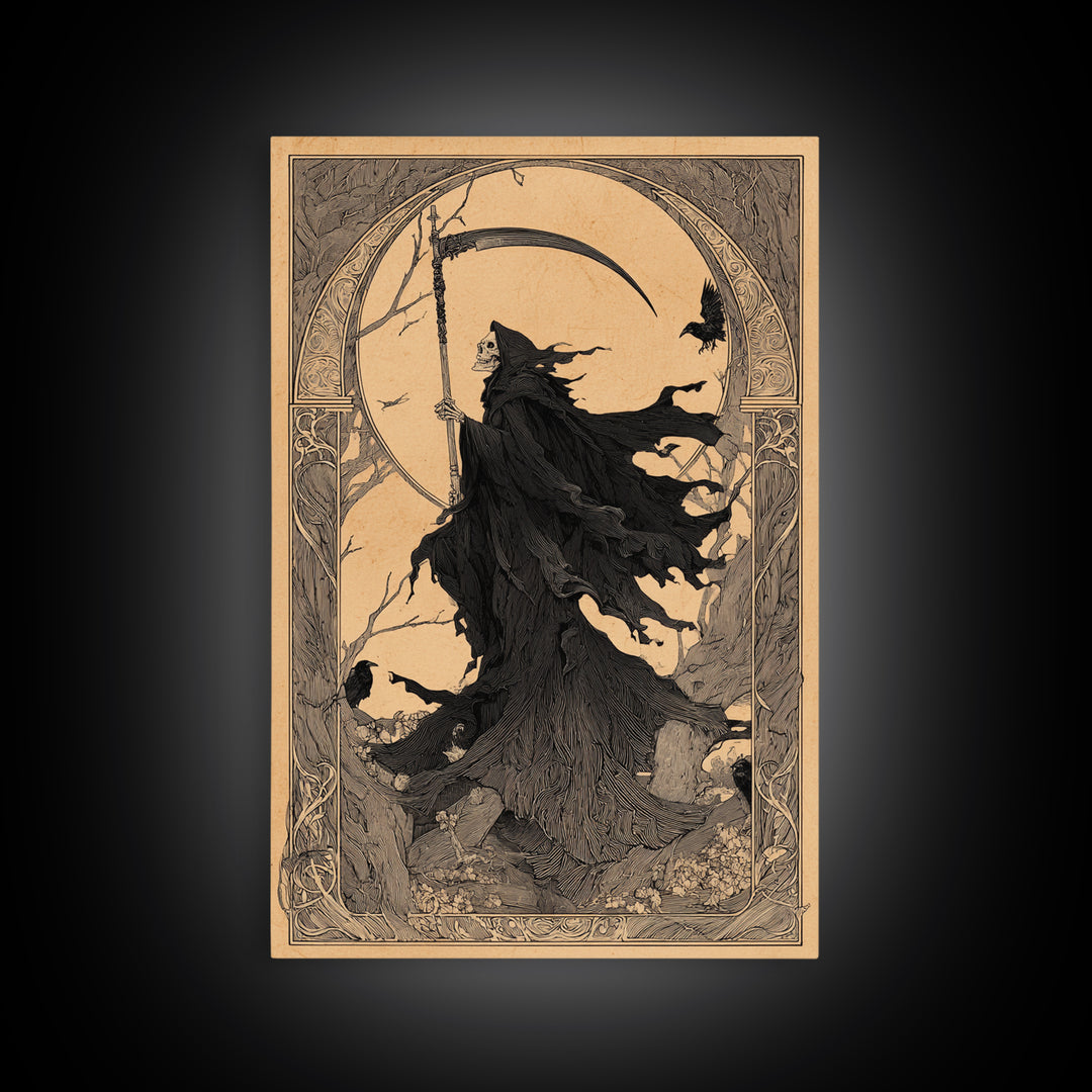 The Fog-Bound Reaper, Decadent Line Art, Vertical Wall Art, Gothic Horror Wall Art, Canvas Print, Halloween Wall Art