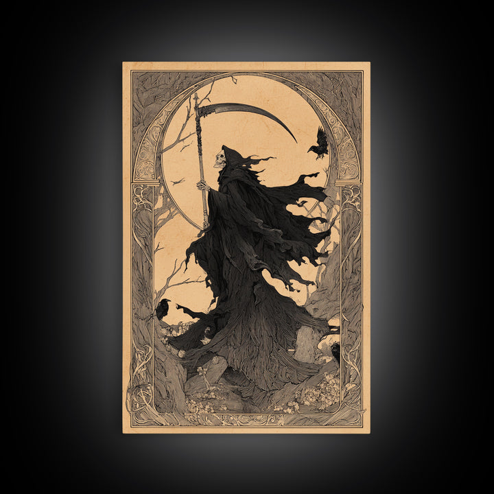 The Fog-Bound Reaper, Decadent Line Art, Vertical Wall Art, Gothic Horror Wall Art, Canvas Print, Halloween Wall Art