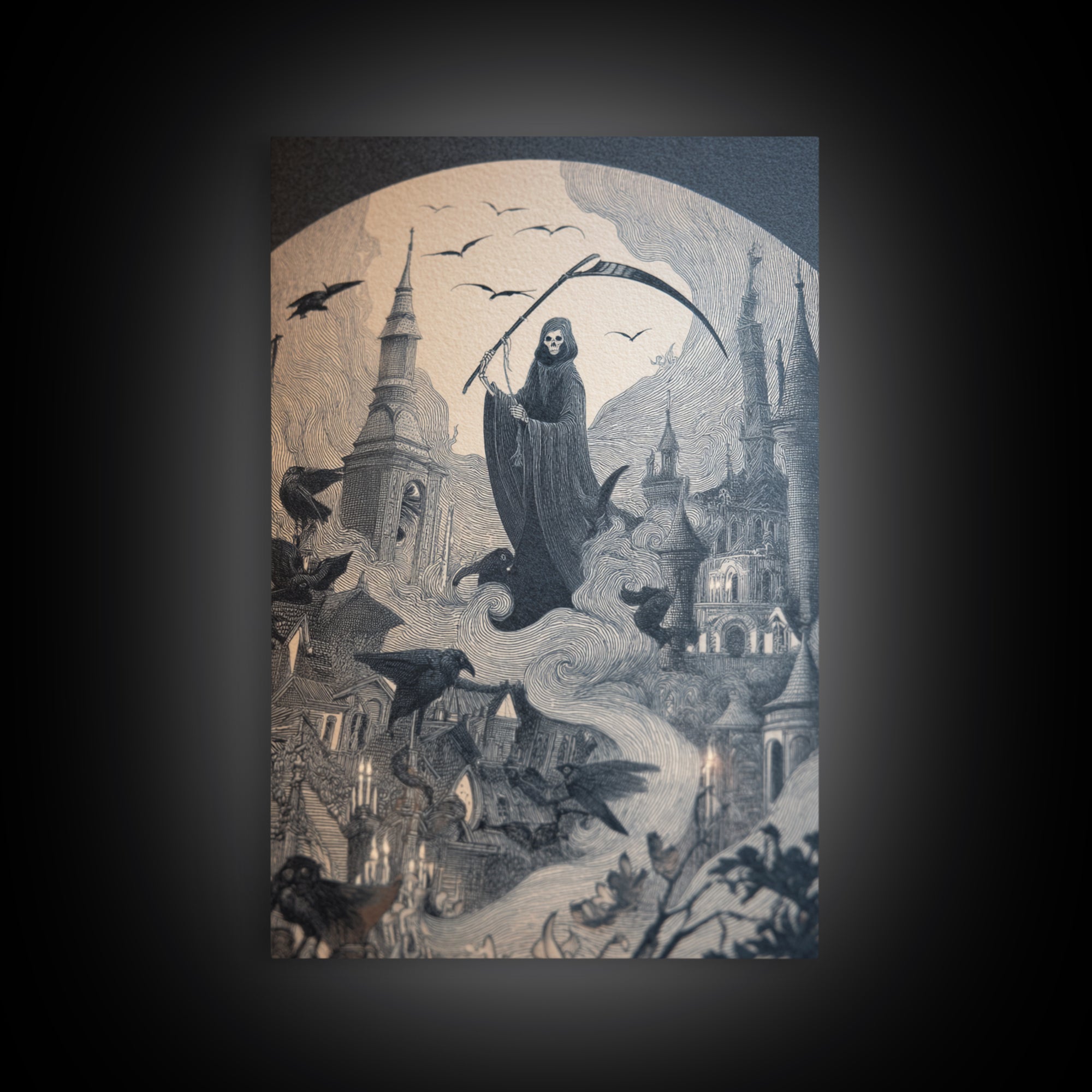 The Fog-Bound Reaper, Victorian Macabre Art, Vertical Wall Art, Dark Halloween Decor, Canvas Print, Halloween Wall Art, Dark Fantasy Art