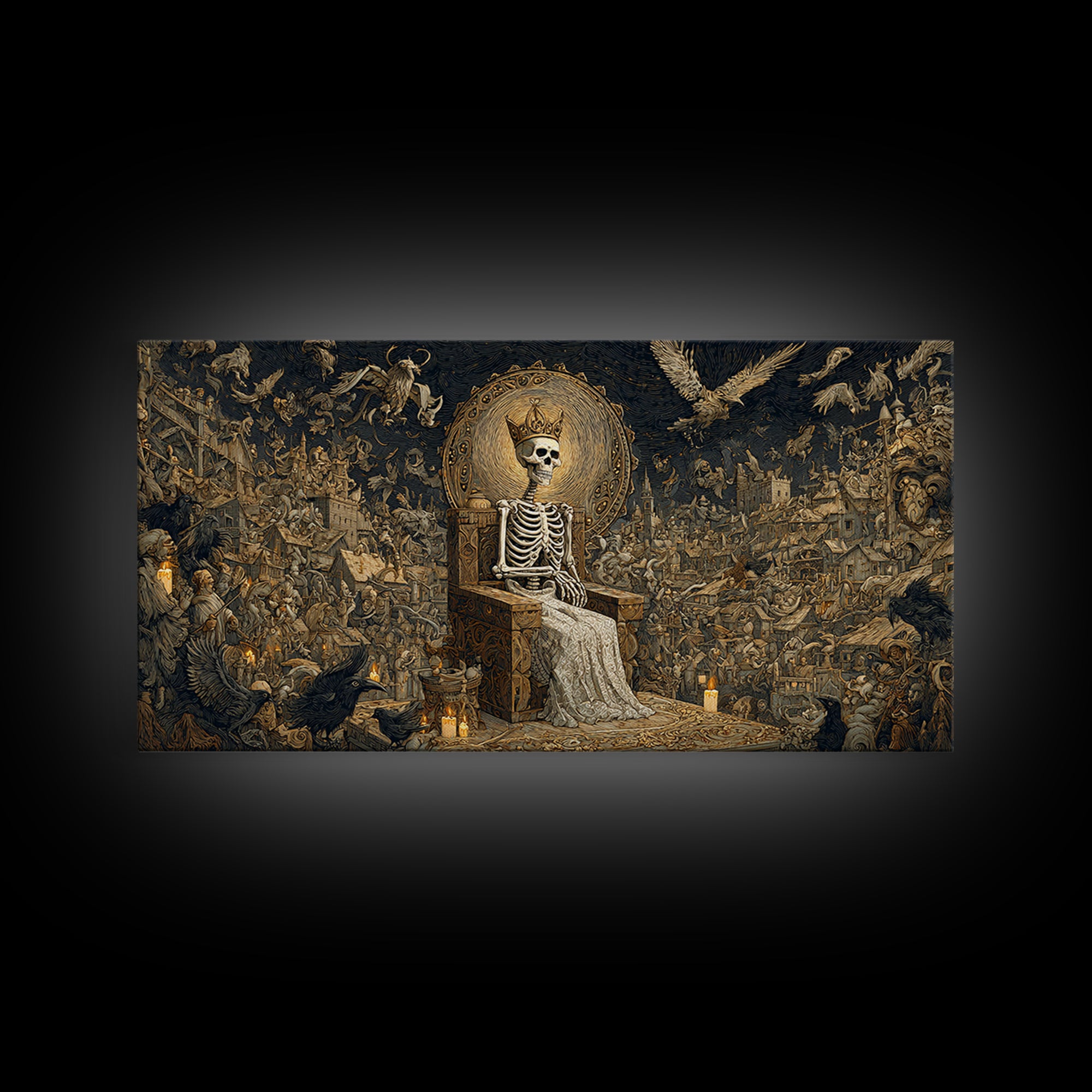 The Bone Queen, Northern Renaissance Horror, Wide Panoramic Art, Gothic Horror Wall Art, Framed Canvas Print, Halloween Wall Art