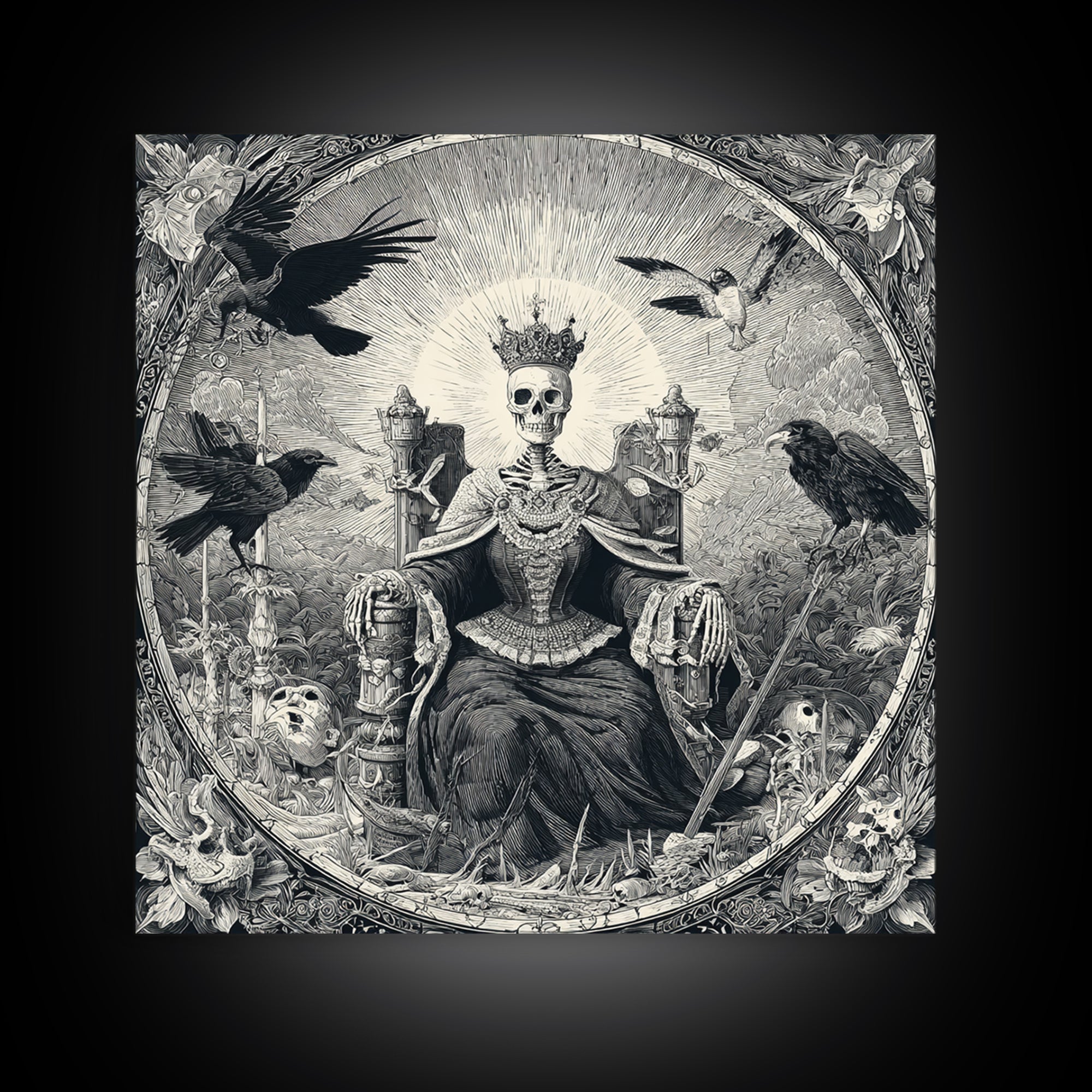 The Bone Queen, Macabre Folk Print Art, Square Wall Art, Dark Halloween Decor, Framed Canvas Print, Halloween Wall Art