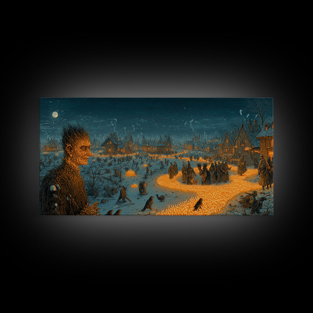 The Candlewax Man, Northern Renaissance Horror, Wide Panoramic Art, Dark Fantasy Wall Art, Framed Canvas Print, Halloween Wall Art