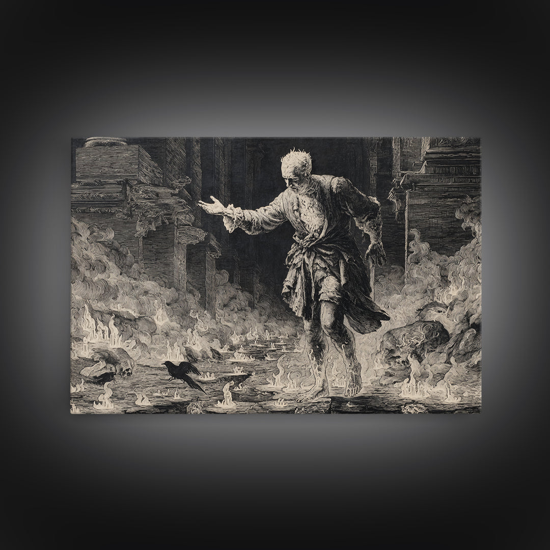 The Candlewax Man, Architectural Etching Art, Landscape Wall Art, Macabre Wall Art, Framed Canvas Print, Halloween Wall Art