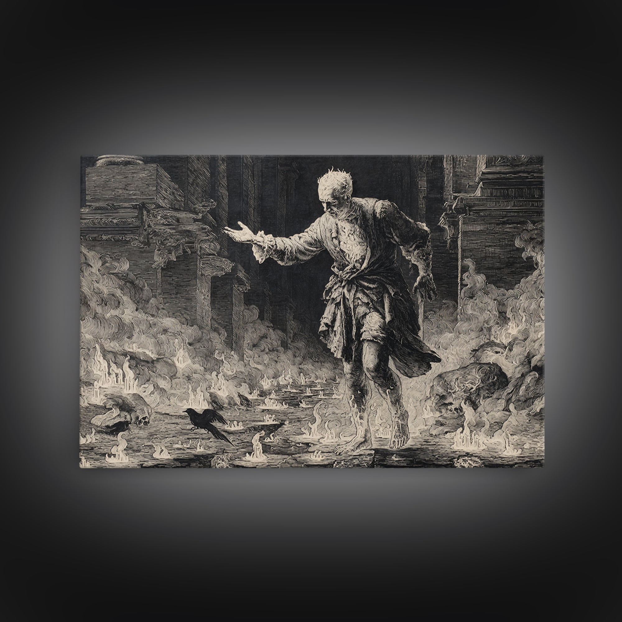 The Candlewax Man, Architectural Etching Art, Landscape Wall Art, Macabre Wall Art, Framed Canvas Print, Halloween Wall Art