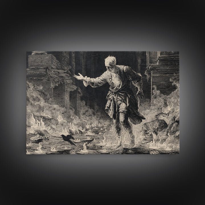 The Candlewax Man, Architectural Etching Art, Landscape Wall Art, Macabre Wall Art, Framed Canvas Print, Halloween Wall Art