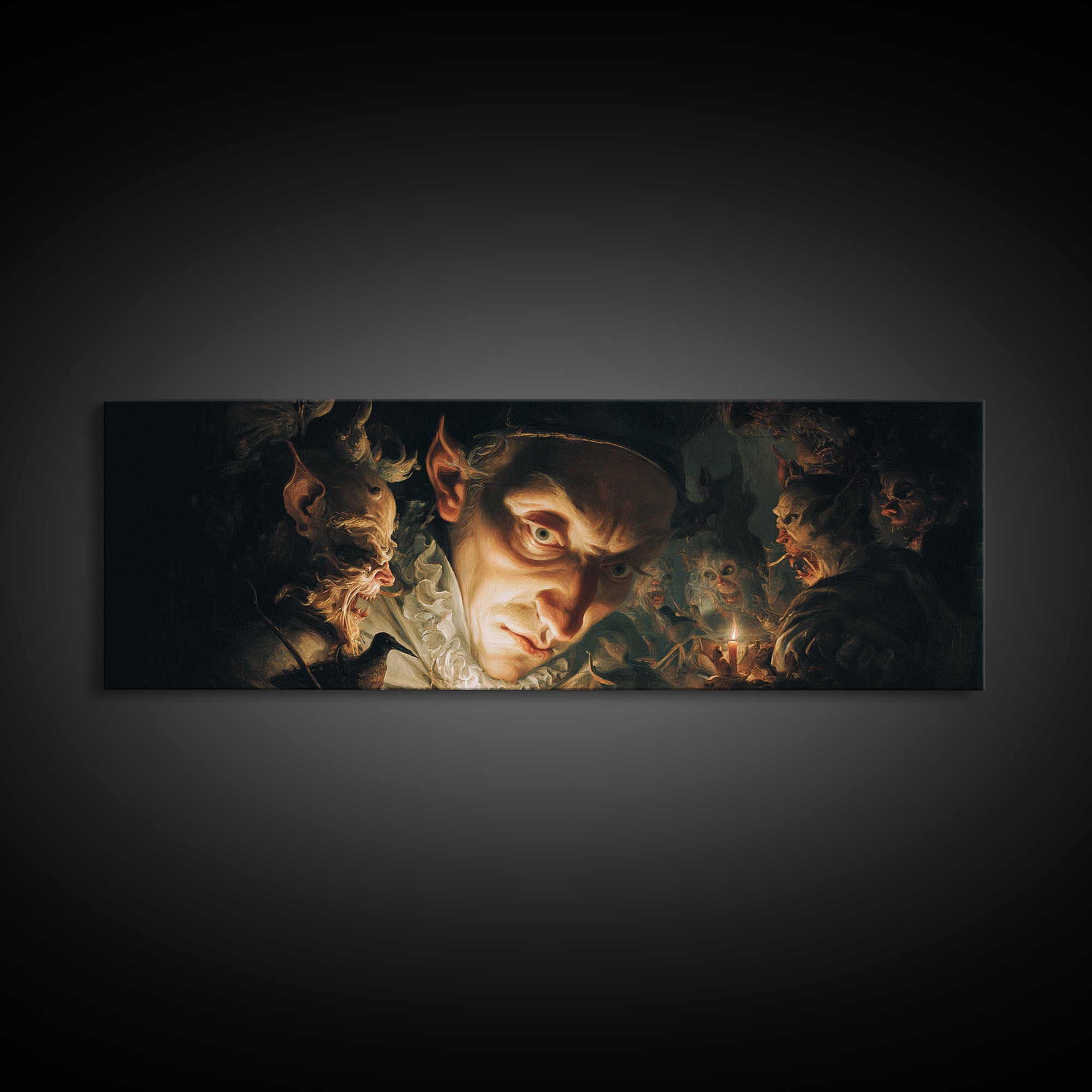 The Mirror Spirit, Medieval Grotesque Art, Extra Wide Wall Art, Dark Halloween Decor, Framed Canvas Print, Halloween Wall Art
