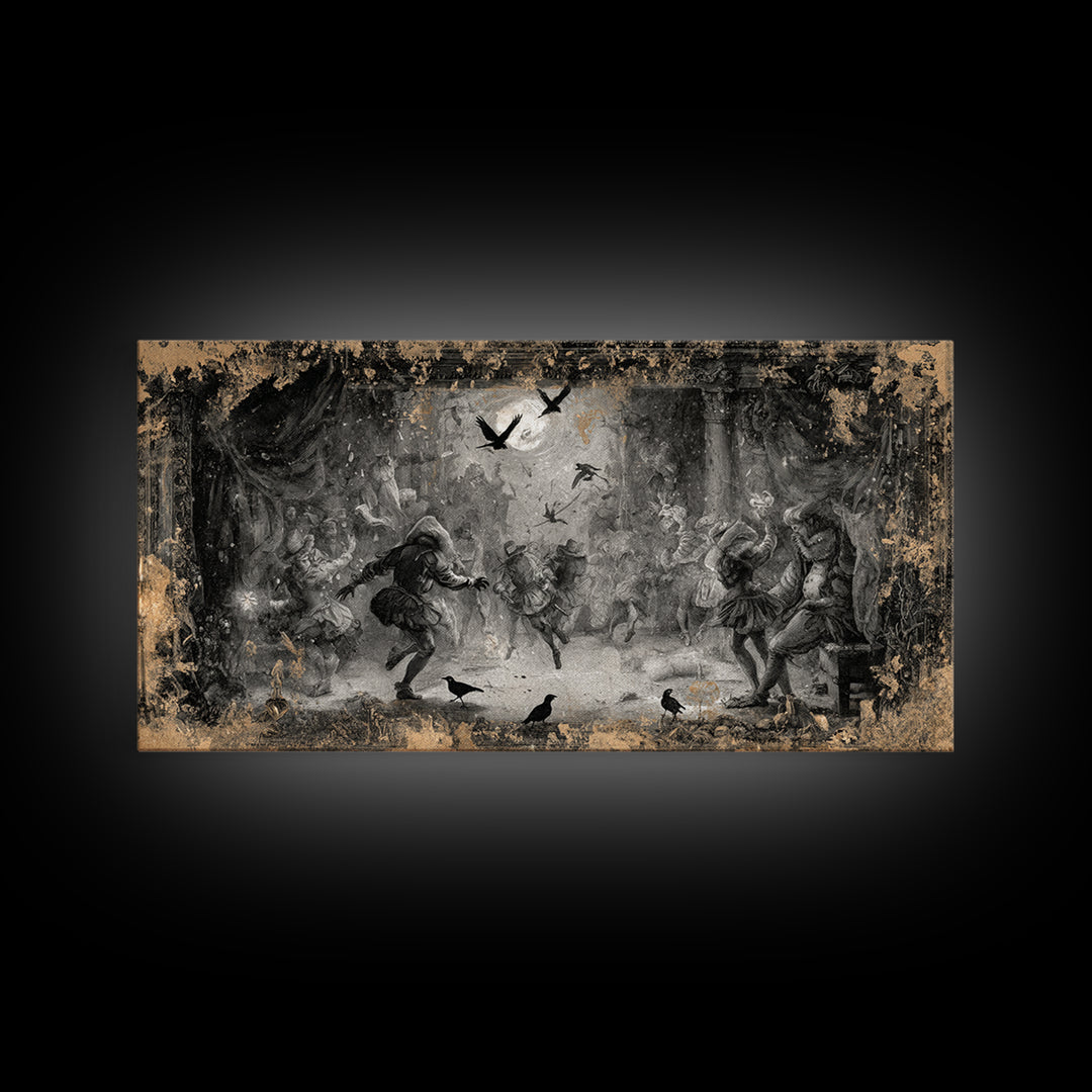 The Mirror Spirit, Northern Renaissance Horror, Wide Panoramic Art, Dark Halloween Decor, Canvas Print, Halloween Wall Art