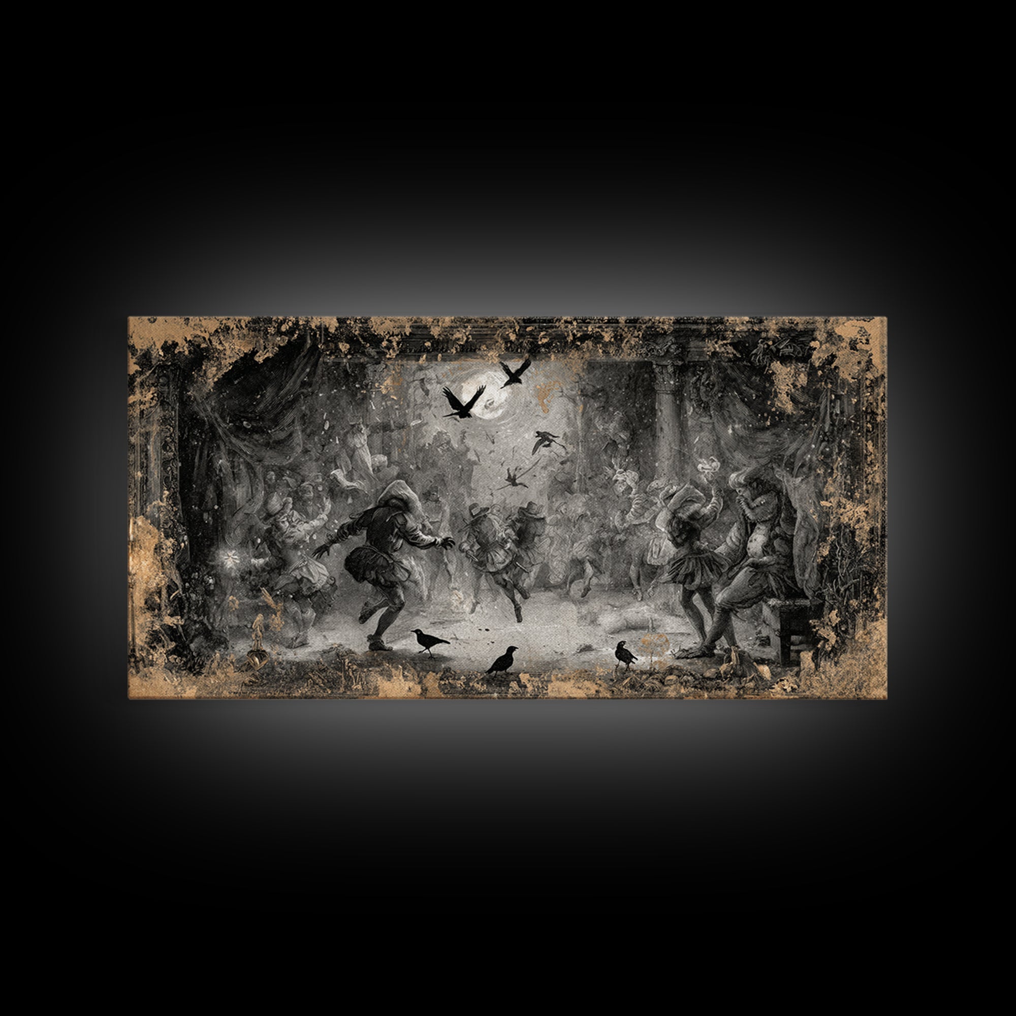The Mirror Spirit, Northern Renaissance Horror, Wide Panoramic Art, Dark Halloween Decor, Canvas Print, Halloween Wall Art