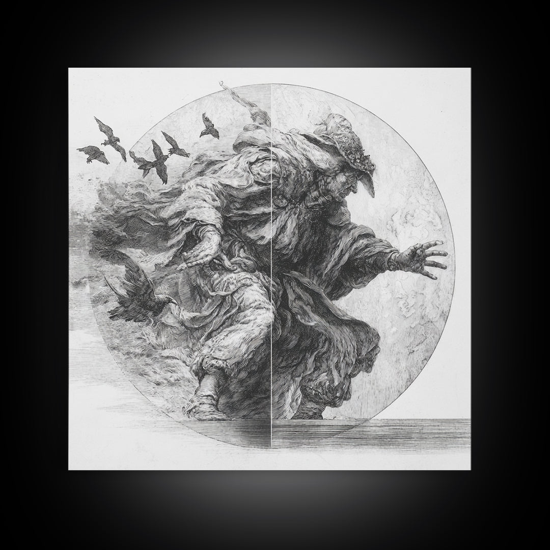 The Mirror Spirit, Renaissance Engraving Art, Square Wall Art, Macabre Wall Art, Canvas Print, Halloween Wall Art, Dark Fantasy Art