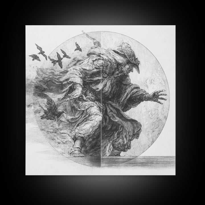 The Mirror Spirit, Renaissance Engraving Art, Square Wall Art, Macabre Wall Art, Canvas Print, Halloween Wall Art, Dark Fantasy Art