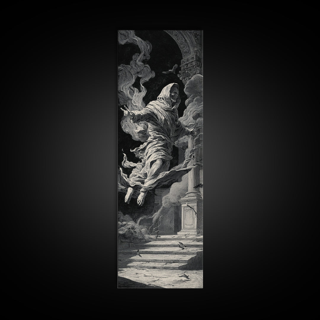 The Mirror Spirit, Architectural Etching Art, Tall Narrow Wall Art, Dark Halloween Decor, Canvas Print, Halloween Wall Art