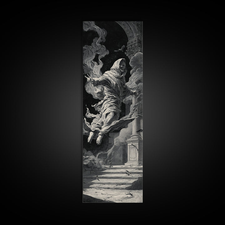 The Mirror Spirit, Architectural Etching Art, Tall Narrow Wall Art, Dark Halloween Decor, Canvas Print, Halloween Wall Art