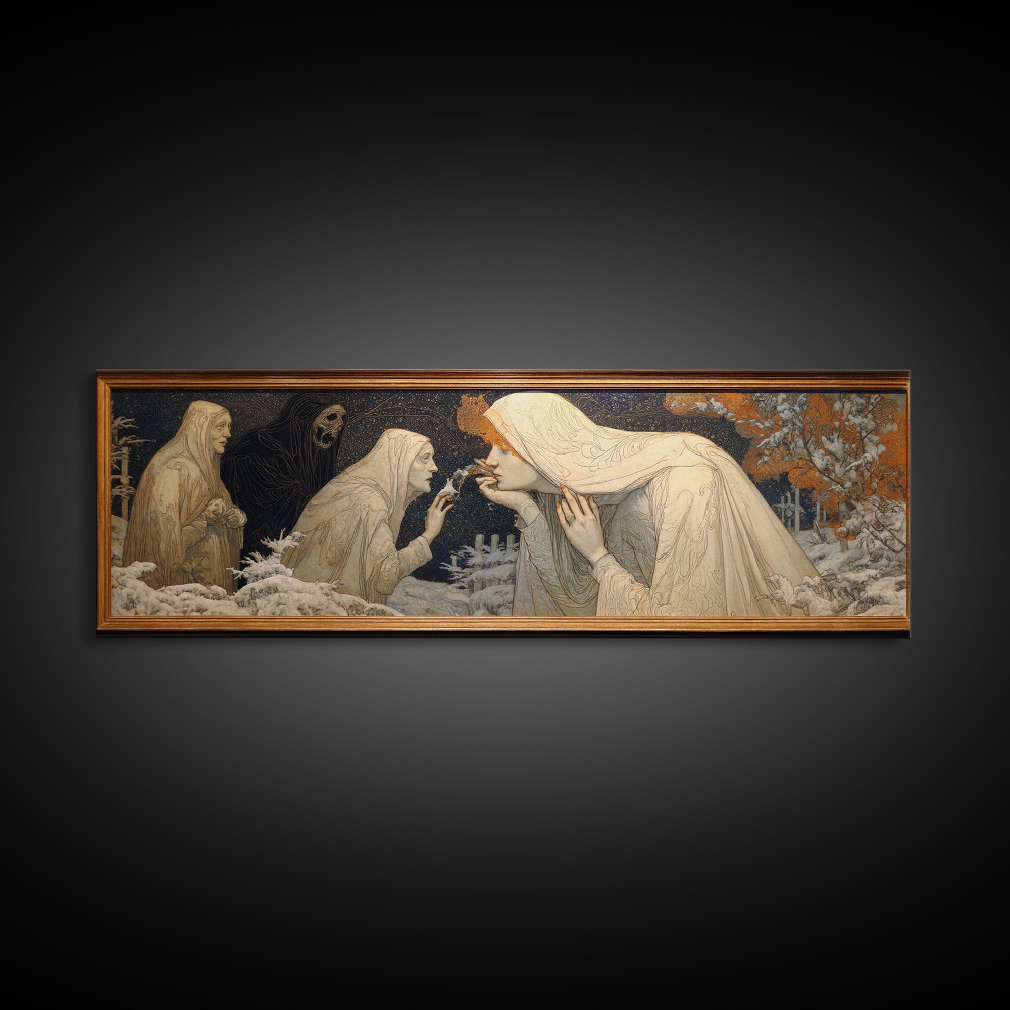 The Mirror Spirit, Symbolist Death Art, Extra Wide Wall Art, Macabre Wall Art, Framed Canvas Print, Halloween Wall Art