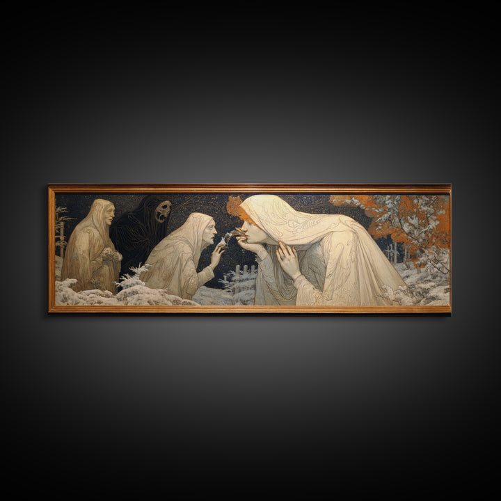 The Mirror Spirit, Symbolist Death Art, Extra Wide Wall Art, Macabre Wall Art, Framed Canvas Print, Halloween Wall Art