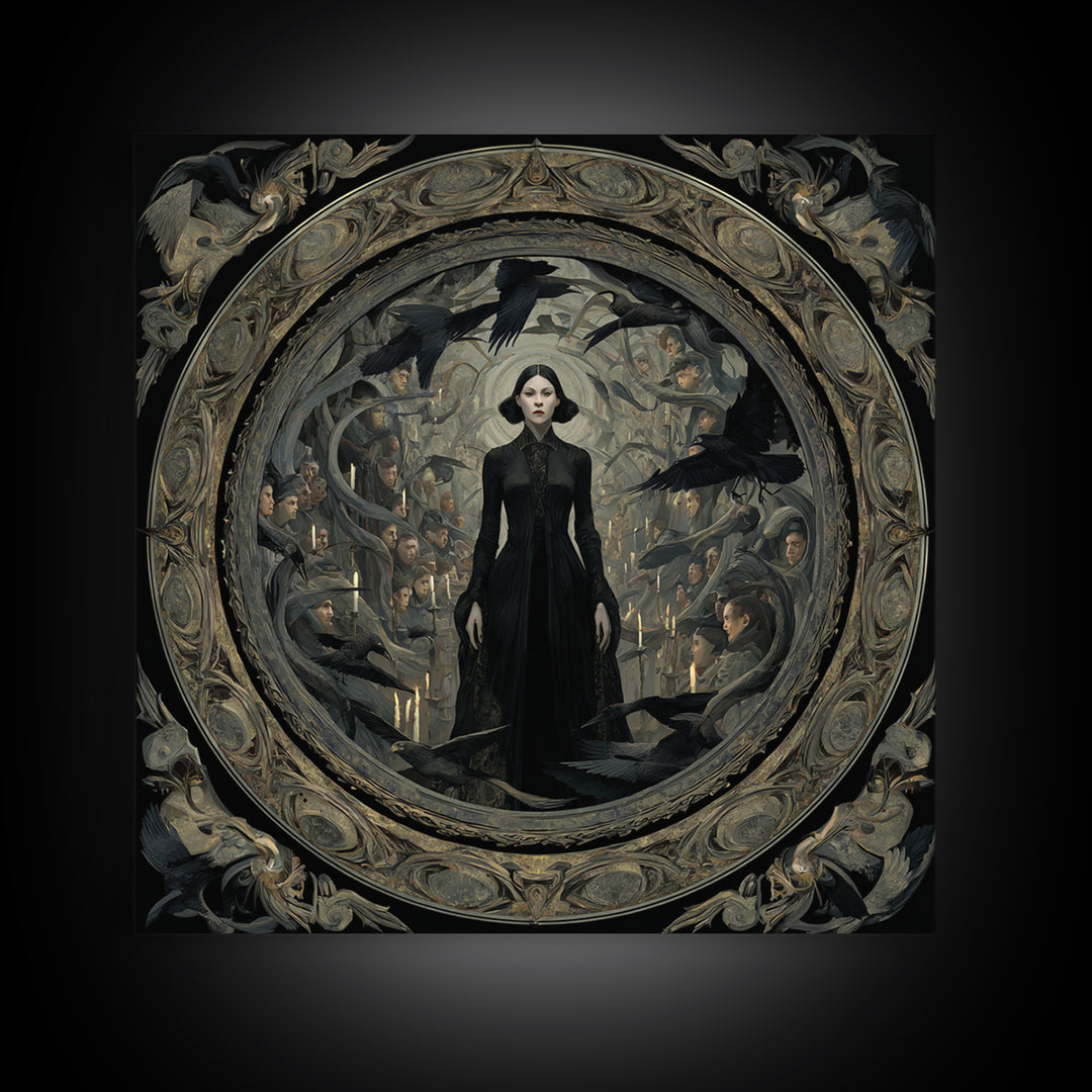 The Mirror Spirit, Dark Symbolist Art, Square Wall Art, Dark Halloween Decor, Framed Canvas Print, Halloween Wall Art
