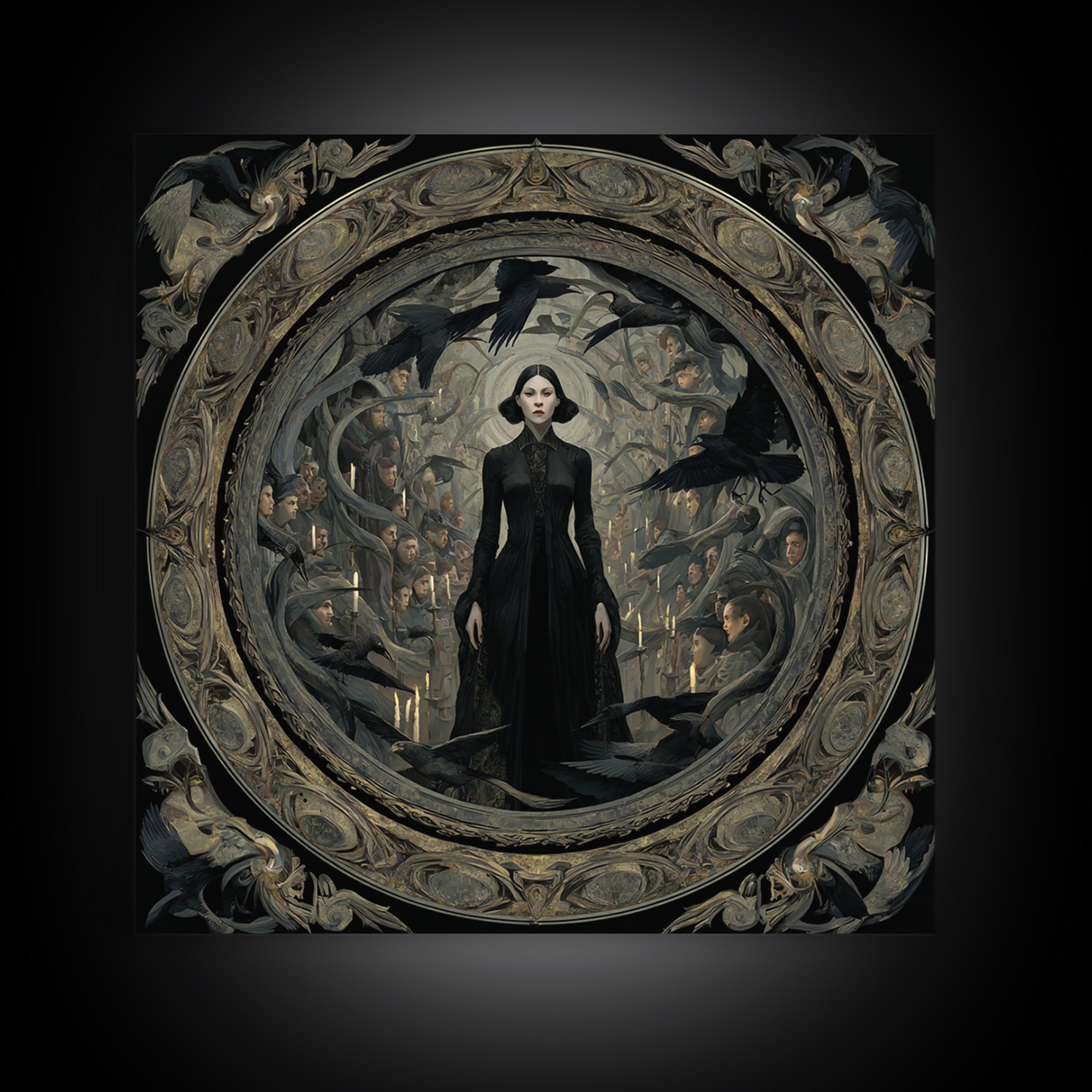 The Mirror Spirit, Dark Symbolist Art, Square Wall Art, Dark Halloween Decor, Framed Canvas Print, Halloween Wall Art