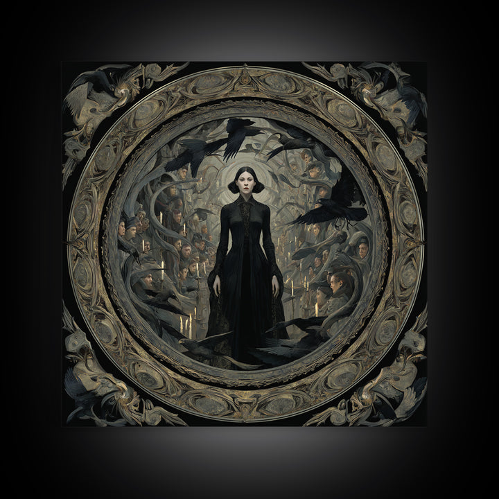 The Mirror Spirit, Dark Symbolist Art, Square Wall Art, Dark Halloween Decor, Framed Canvas Print, Halloween Wall Art
