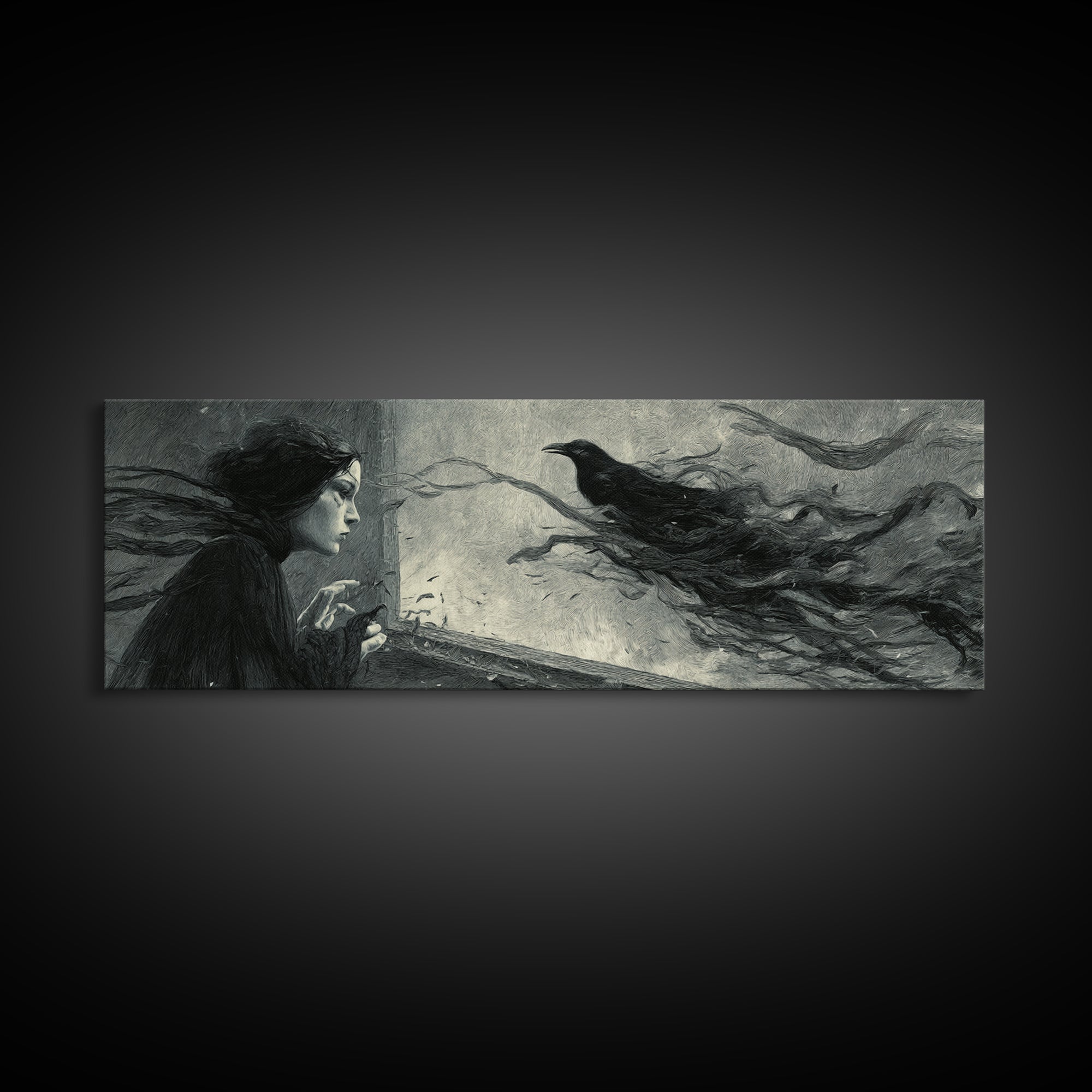 The Mirror Spirit, Expressionist Gothic Art, Extra Wide Wall Art, Macabre Wall Art, Framed Canvas Print, Halloween Wall Art