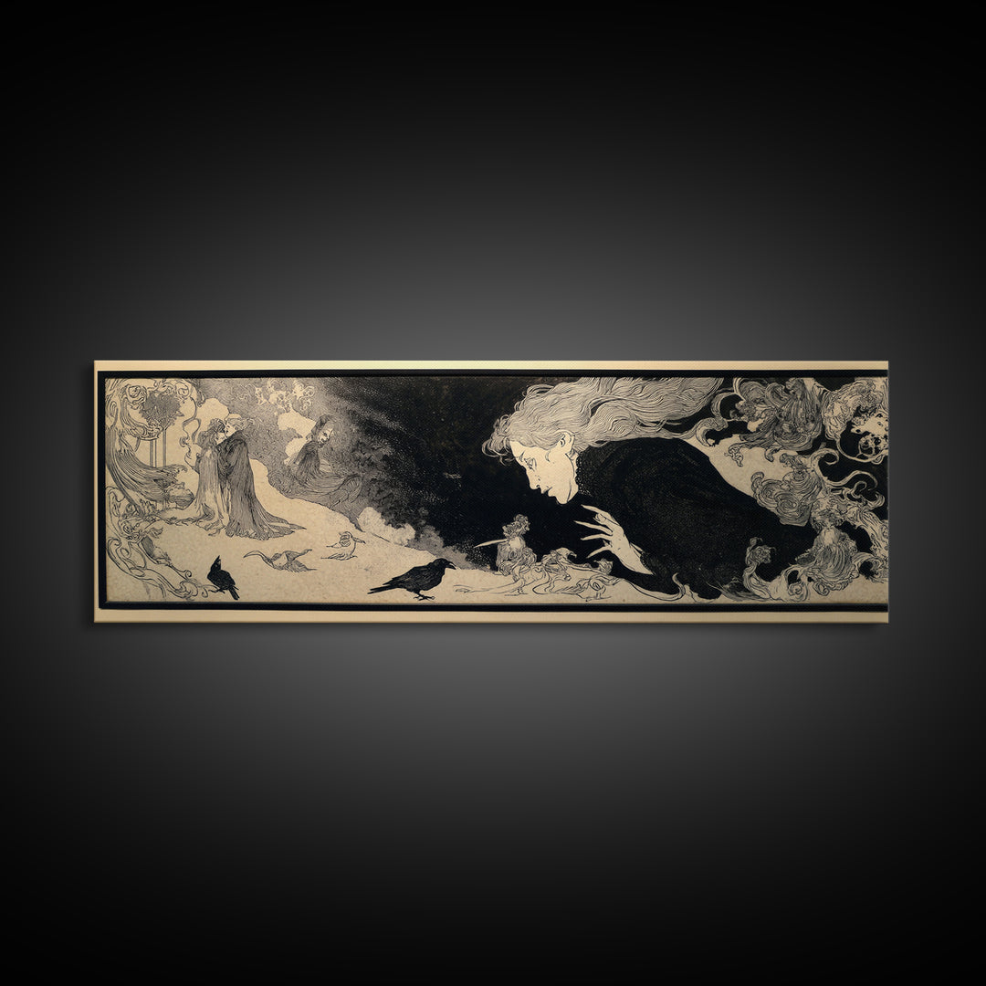 The Mirror Spirit, Decadent Line Art, Extra Wide Wall Art, Gothic Horror Wall Art, Canvas Print, Halloween Wall Art