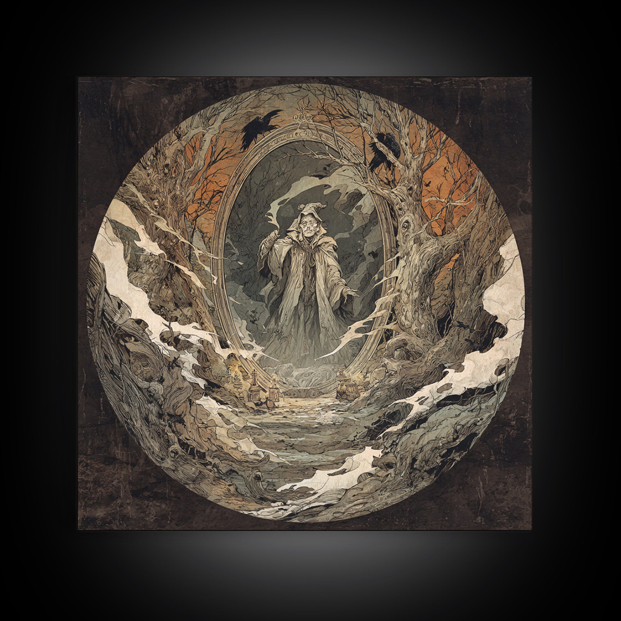 The Mirror Spirit, Gothic Storybook Art, Square Wall Art, Dark Halloween Decor, Canvas Print, Halloween Wall Art, Statement Wall Art