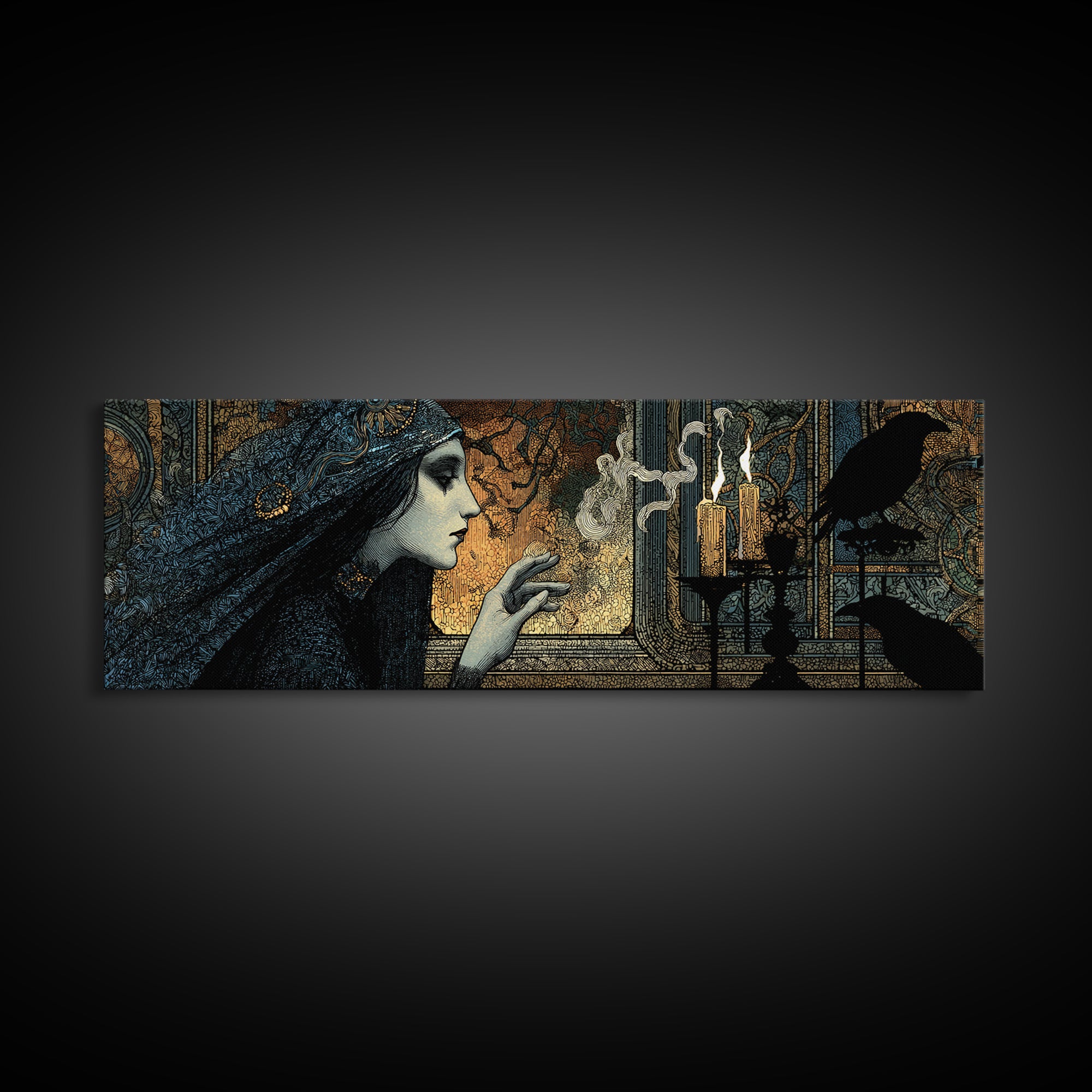 The Mirror Spirit, Stained Glass Gothic Art, Extra Wide Wall Art, Dark Halloween Decor, Framed Canvas Print, Halloween Wall Art
