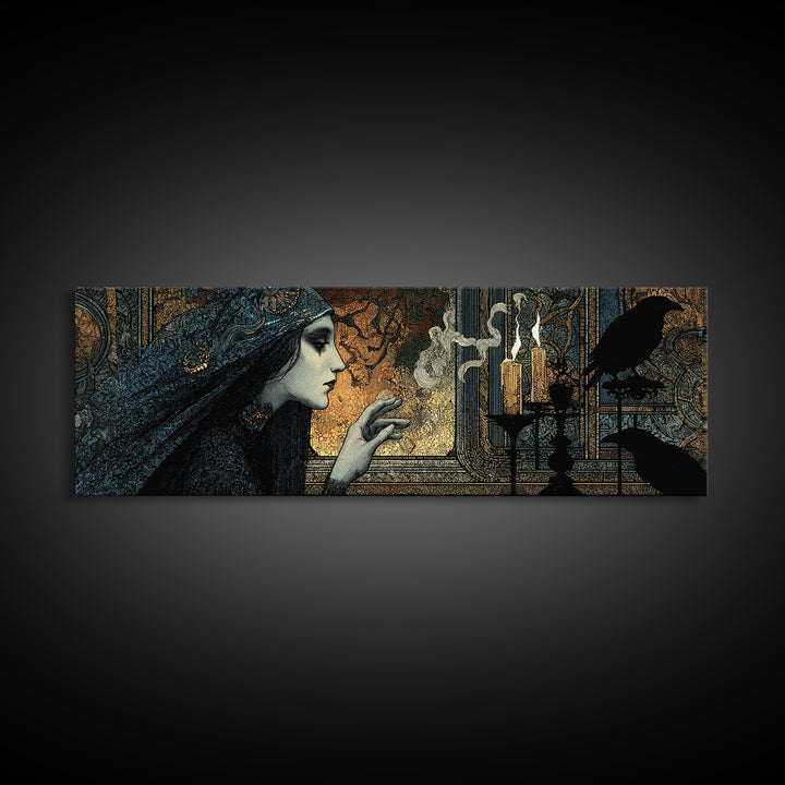 The Mirror Spirit, Stained Glass Gothic Art, Extra Wide Wall Art, Dark Halloween Decor, Framed Canvas Print, Halloween Wall Art