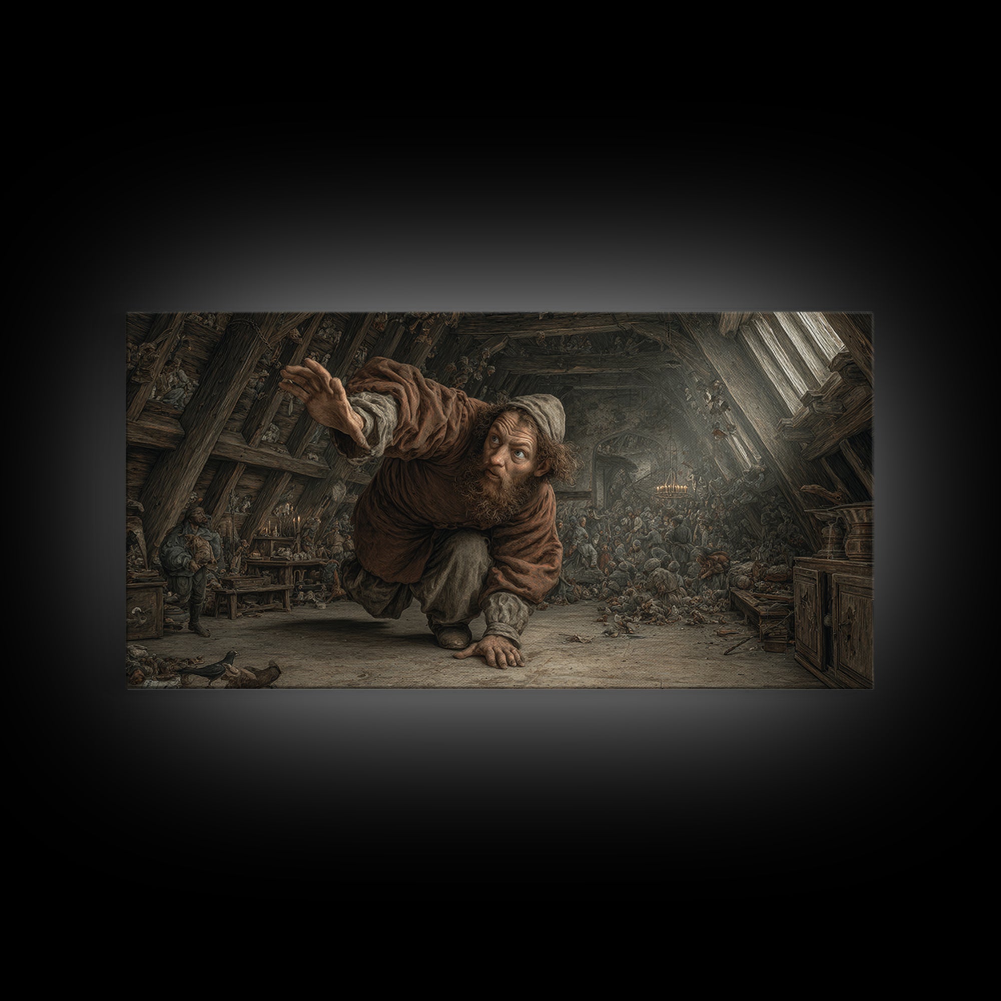 The Attic Whisperer, Northern Renaissance Horror, Wide Panoramic Art, Dark Fantasy Wall Art, Framed Canvas Print