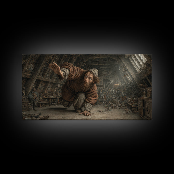 The Attic Whisperer, Northern Renaissance Horror, Wide Panoramic Art, Dark Fantasy Wall Art, Framed Canvas Print