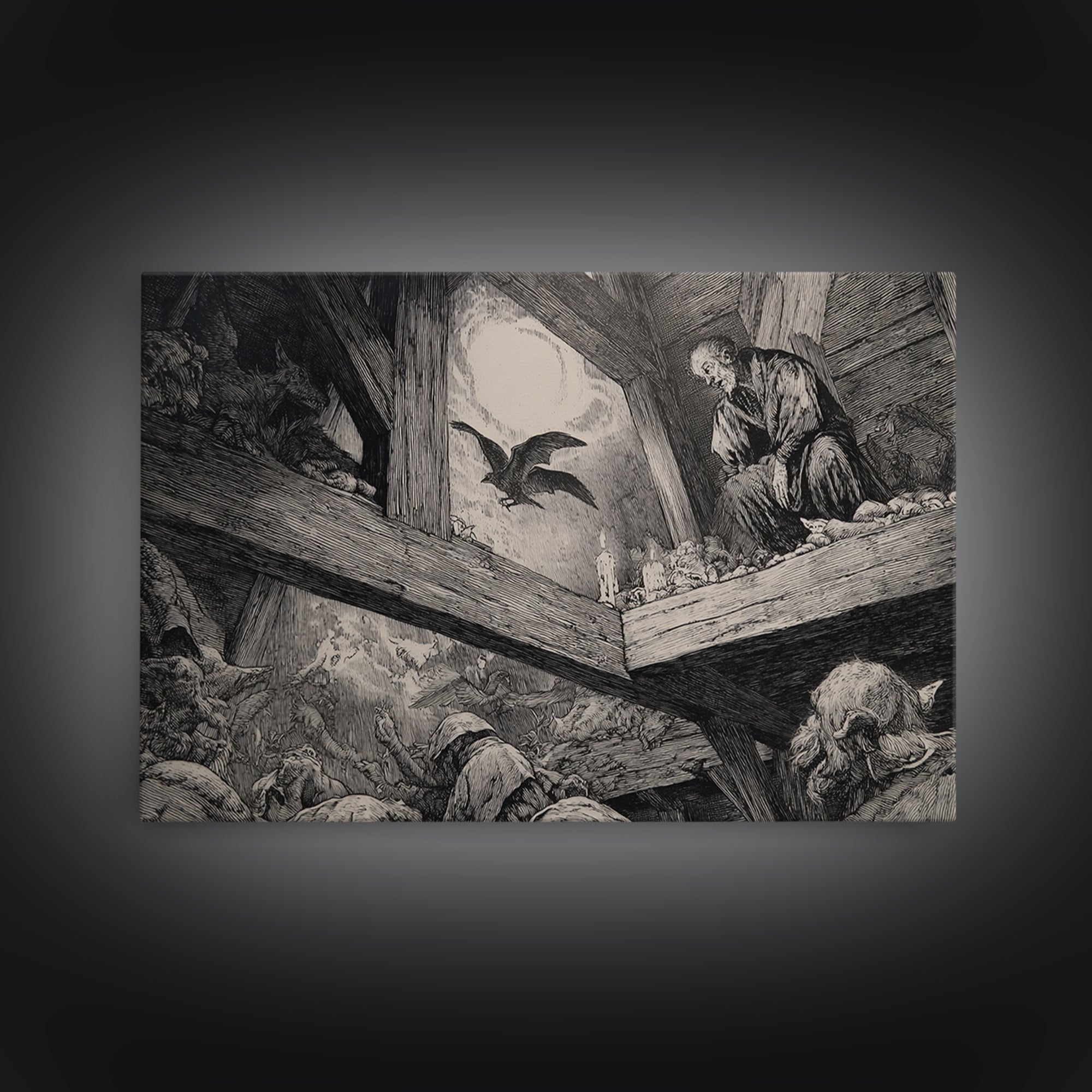 The Attic Whisperer, Renaissance Engraving Art, Landscape Wall Art, Macabre Wall Art, Canvas Print, Halloween Wall Art, Spooky Wall Decor