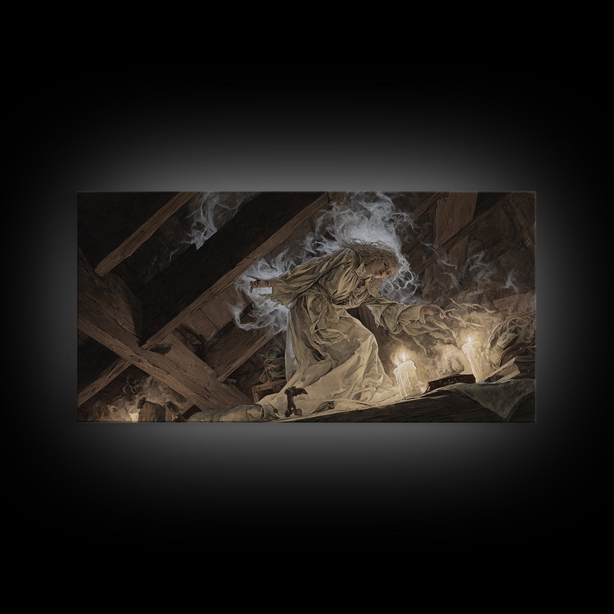 The Attic Whisperer, Visionary Gothic Art, Wide Panoramic Art, Dark Fantasy Wall Art, Framed Canvas Print, Halloween Wall Art
