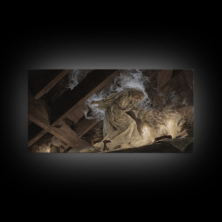 The Attic Whisperer, Visionary Gothic Art, Wide Panoramic Art, Dark Fantasy Wall Art, Framed Canvas Print, Halloween Wall Art