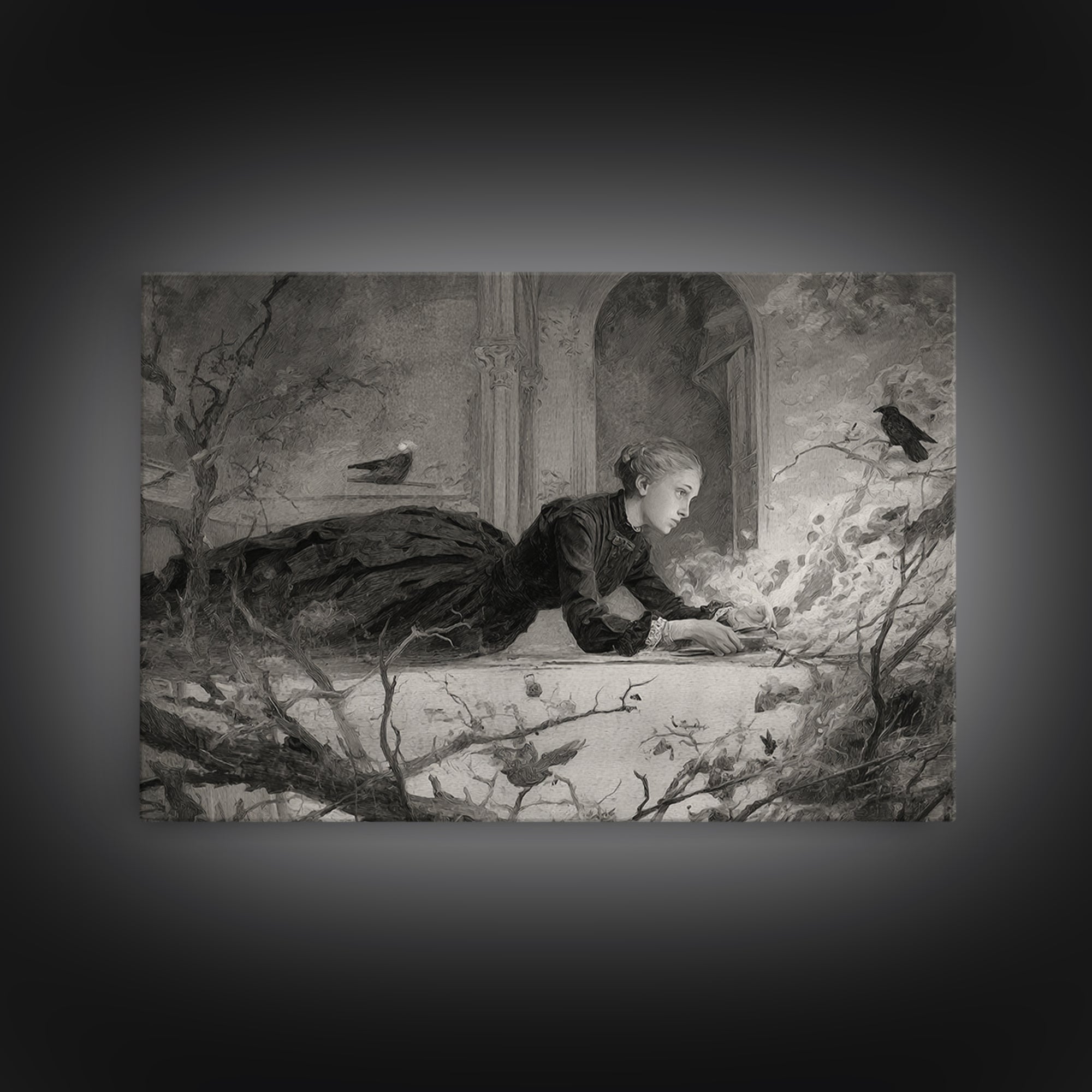 The Attic Whisperer, Symbolist Dream Art, Landscape Wall Art, Macabre Wall Art, Canvas Print, Halloween Wall Art, Halloween Decor