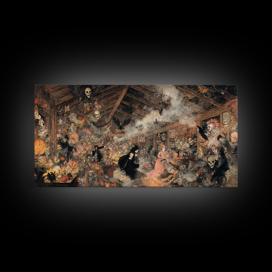 The Attic Whisperer, Grotesque Carnival Art, Wide Panoramic Art, Gothic Horror Wall Art, Canvas Print, Halloween Wall Art