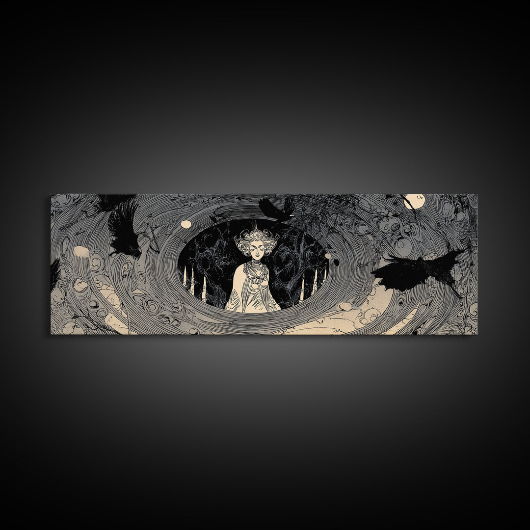 The Attic Whisperer, Decadent Line Art, Extra Wide Wall Art, Macabre Wall Art, Framed Canvas Print, Halloween Wall Art