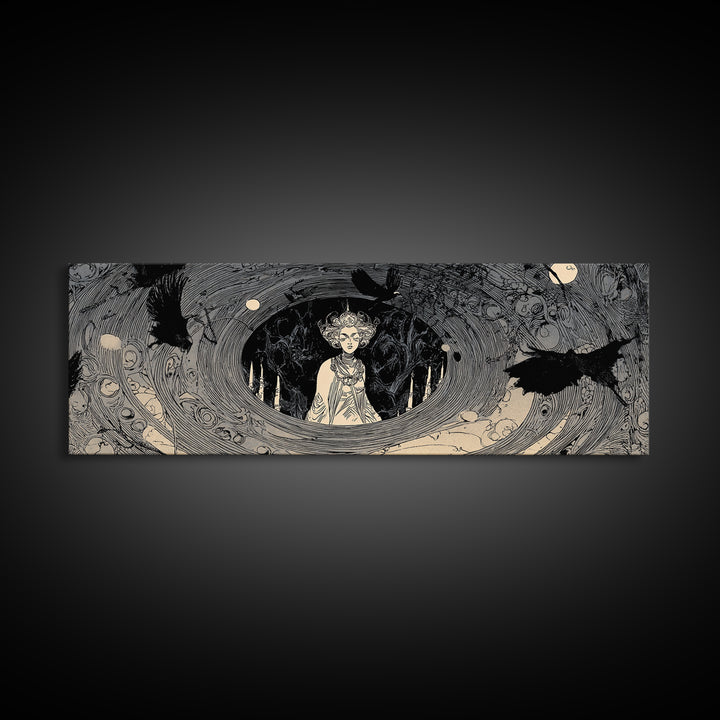 The Attic Whisperer, Decadent Line Art, Extra Wide Wall Art, Macabre Wall Art, Framed Canvas Print, Halloween Wall Art