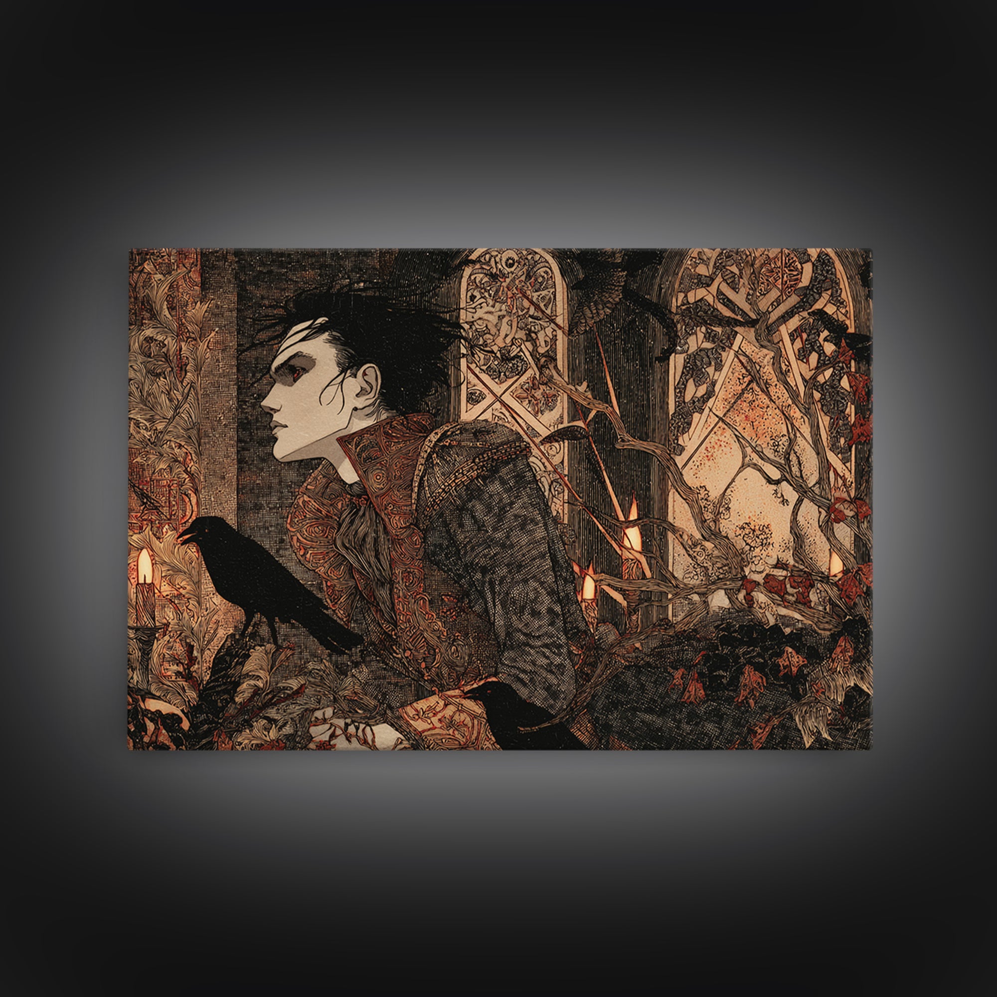 The Attic Whisperer, Stained Glass Gothic Art, Landscape Wall Art, Dark Halloween Decor, Canvas Print, Halloween Wall Art, Macabre Wall Art