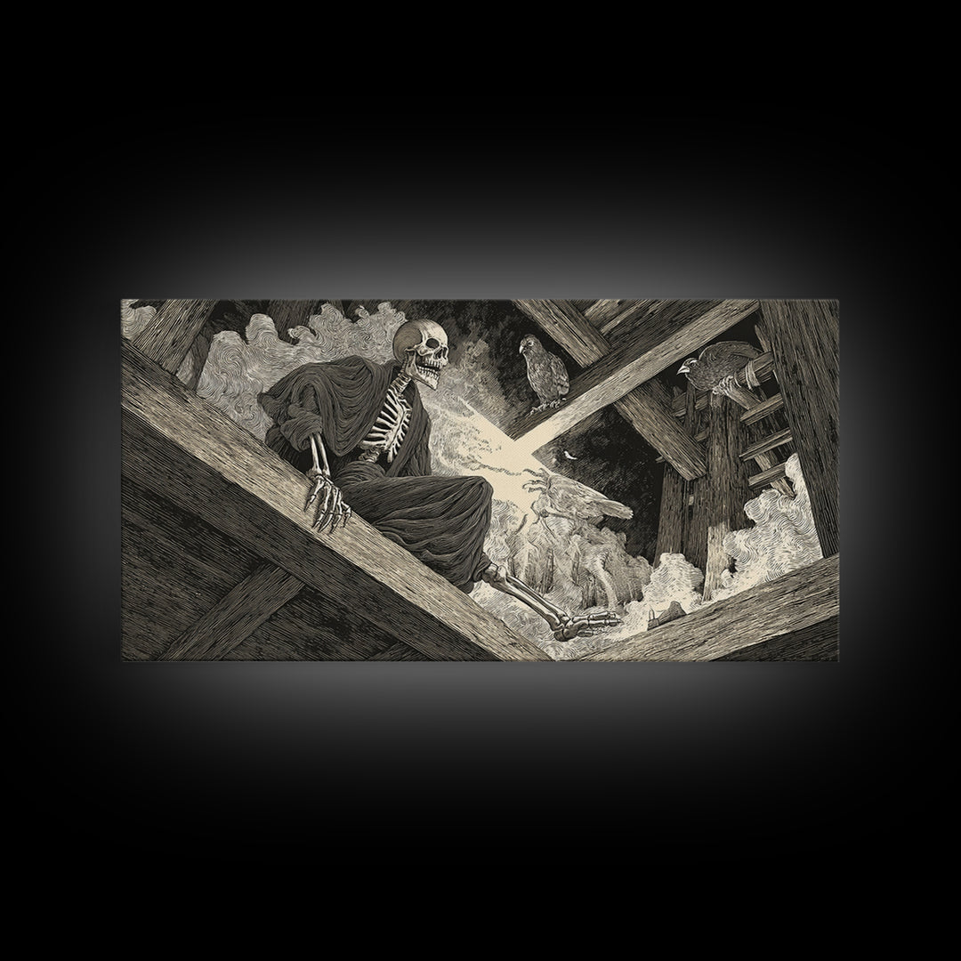 The Attic Whisperer, Macabre Folk Print Art, Wide Panoramic Art, Dark Halloween Decor, Framed Canvas Print, Halloween Wall Art