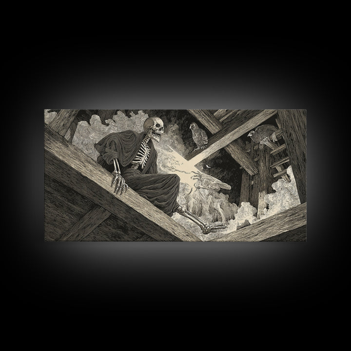 The Attic Whisperer, Macabre Folk Print Art, Wide Panoramic Art, Dark Halloween Decor, Framed Canvas Print, Halloween Wall Art