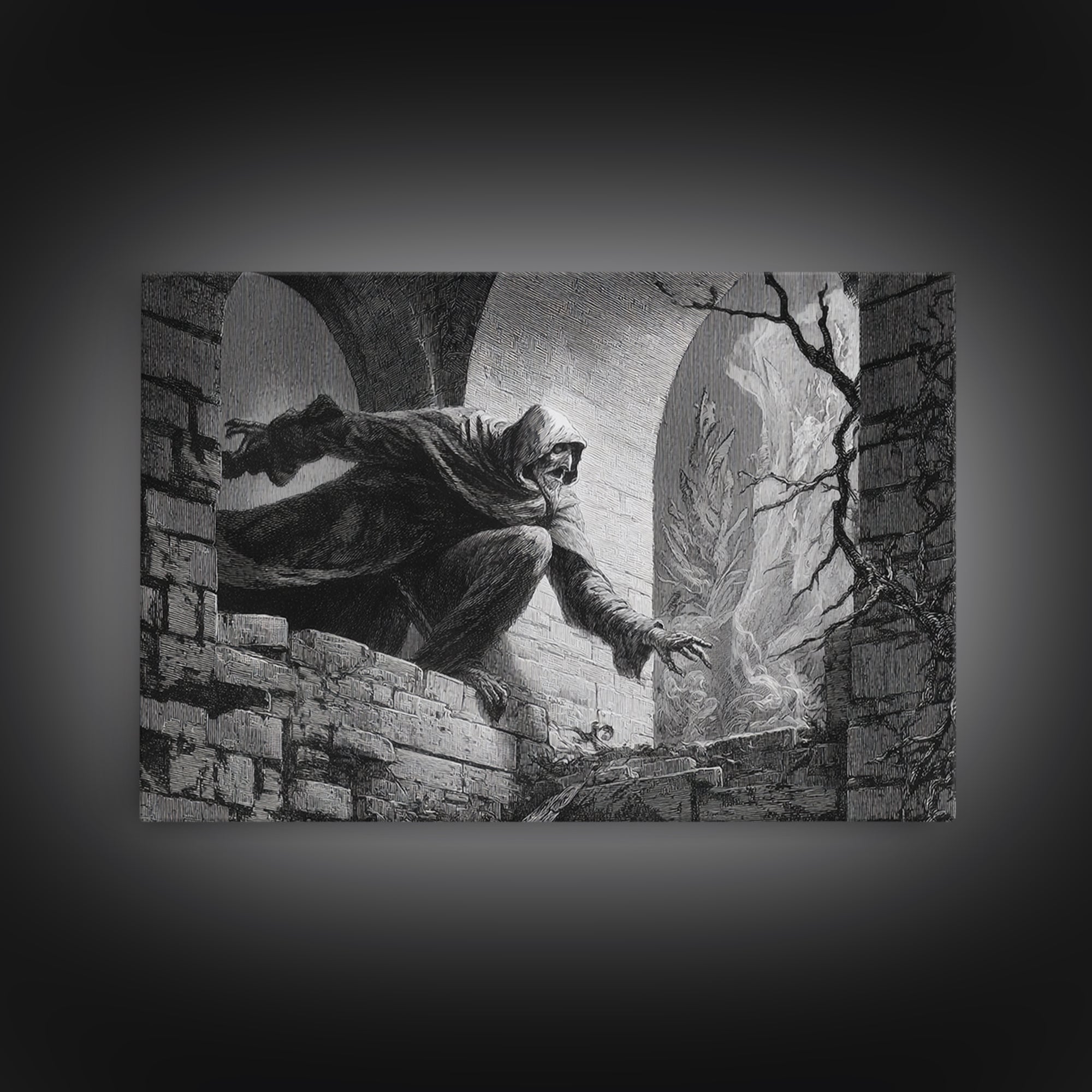 The Chimney Phantom, Gothic Engraving Art, Landscape Wall Art, Gothic Horror Wall Art, Framed Canvas Print, Halloween Wall Art